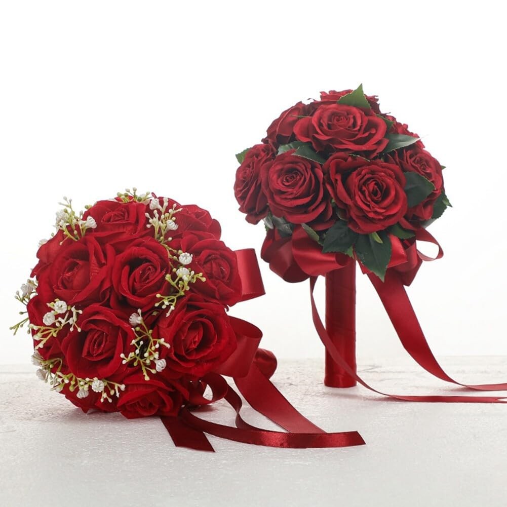 Wedding Bouquets Ribbon Artificial Dark Red Rose Bride Holding Flower
