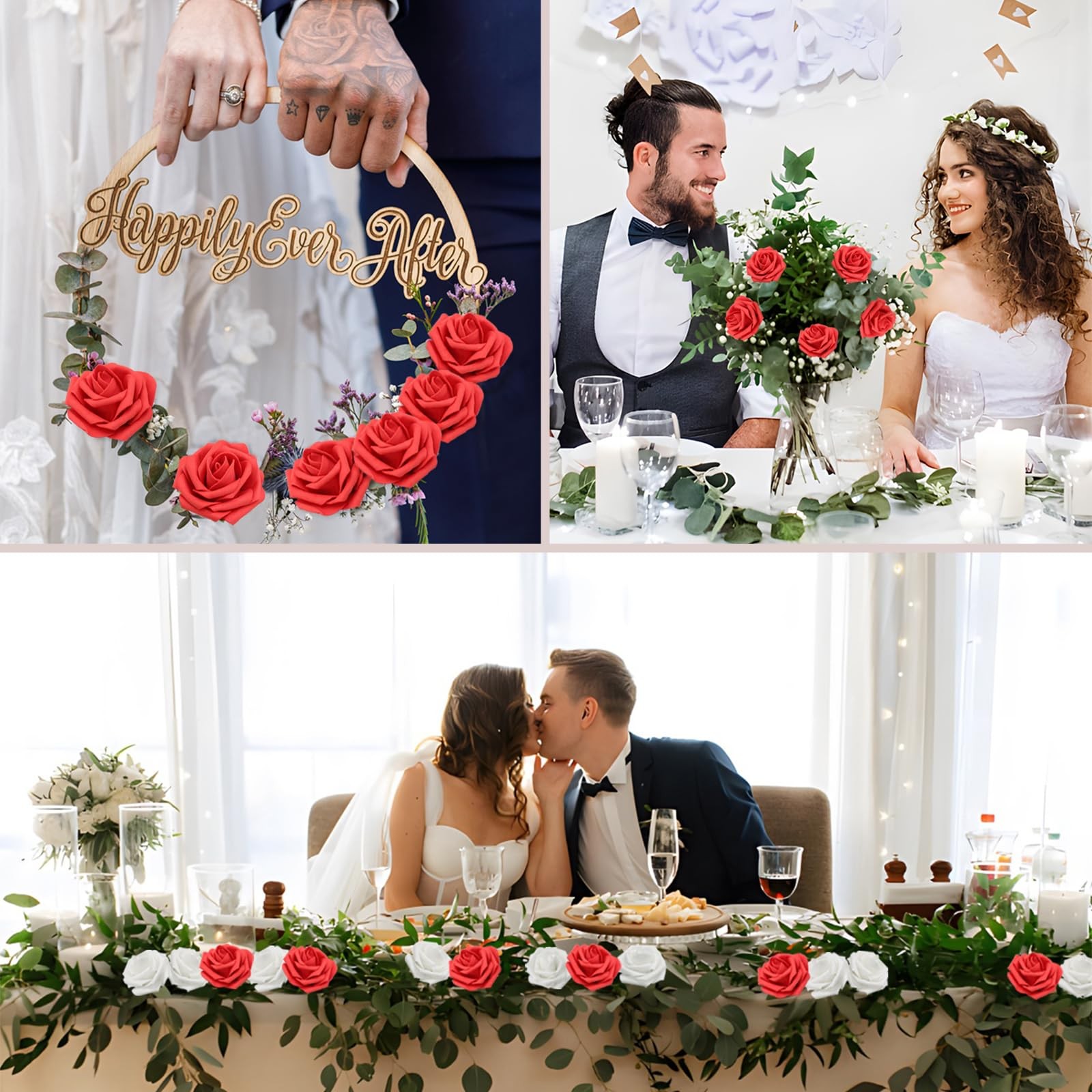 50 PCS Red Real Looking Foam Fake Roses with Leaves for DIY Wedding Bouquets