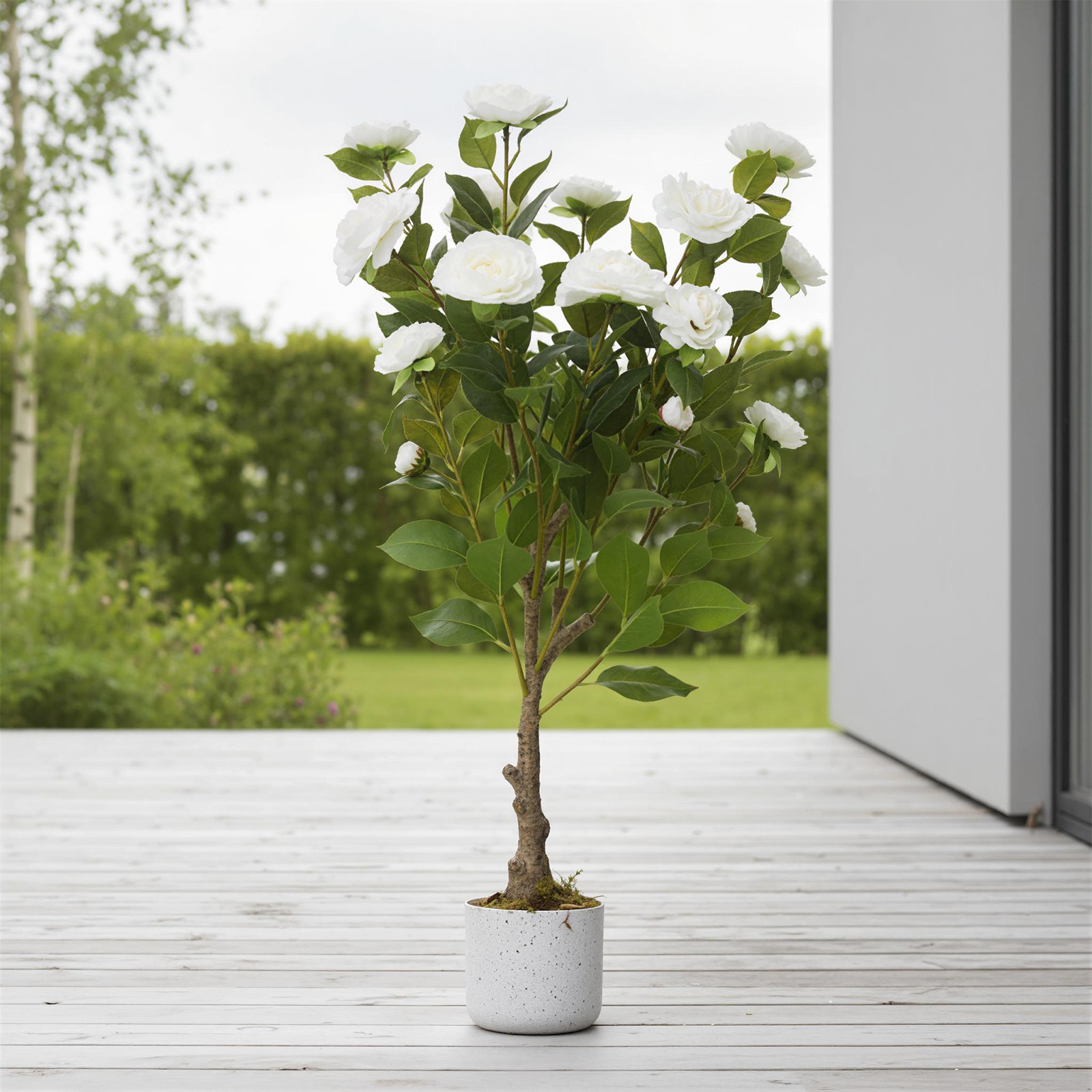 2.8FT Artificial Camellia Tree White Flower Cement Pot Indoor Outdoor Deco Plant