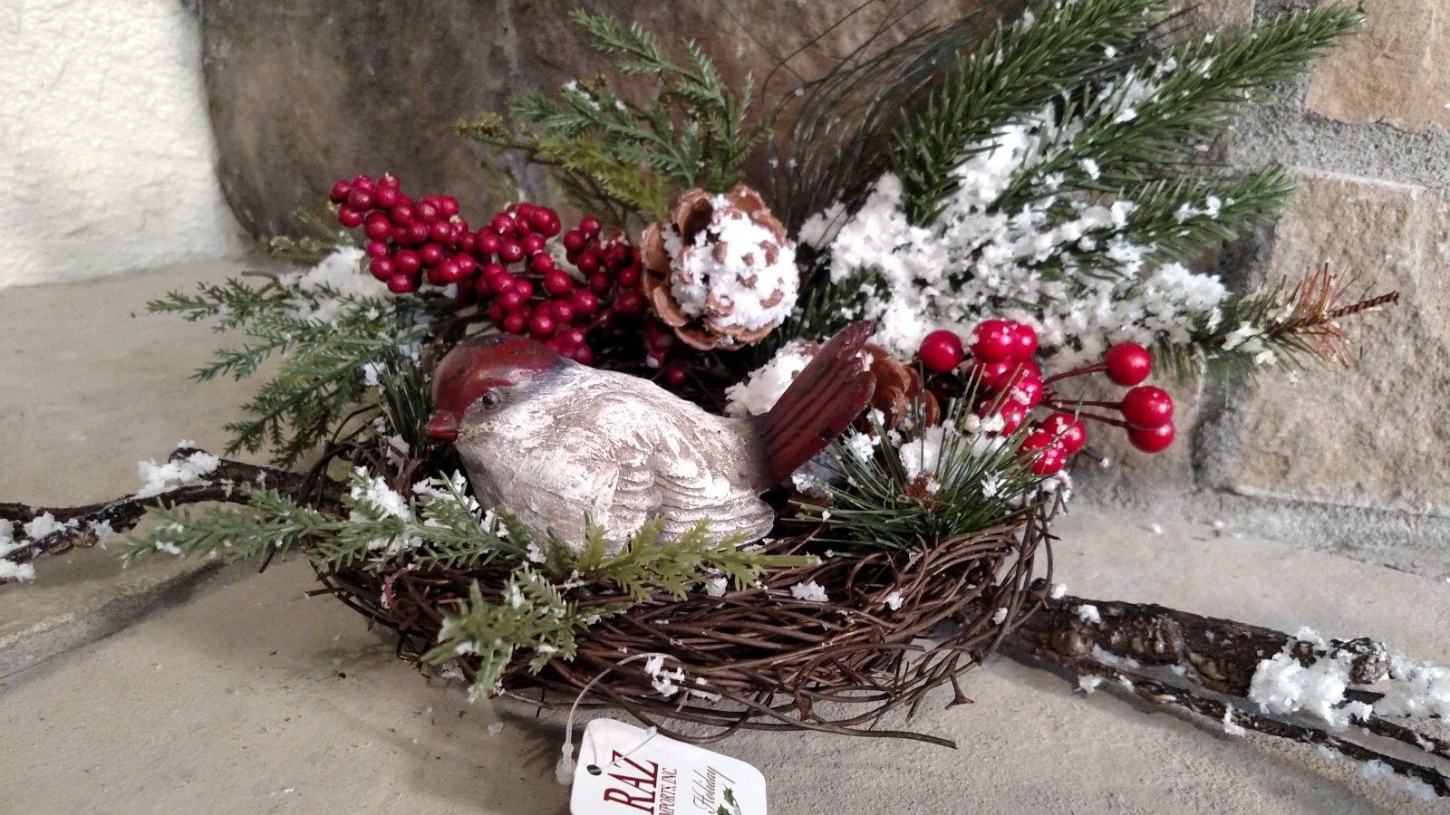 NWT RAZ 21″ Bendable Bird NEST Snowy BRANCH Twig Berries Christmas table Decor