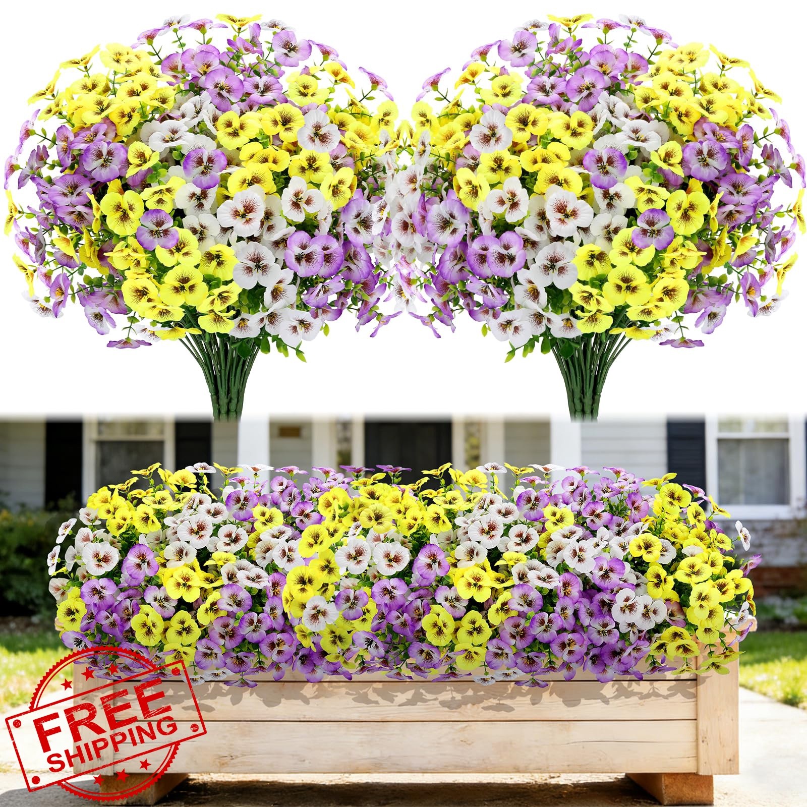MERIXMAS 12 Artificial Flowers Yellow White Purple Silk Pansies