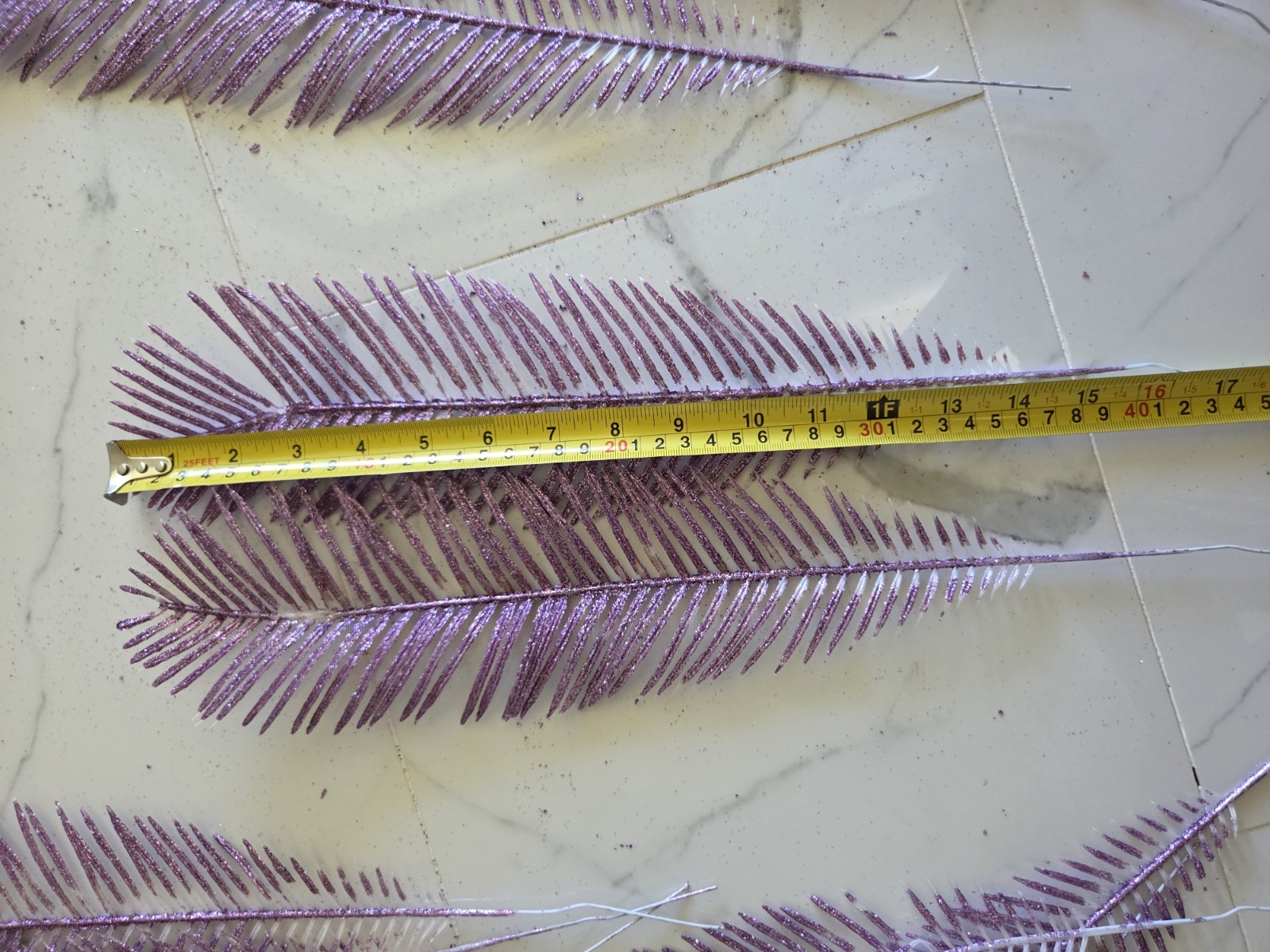 14 Pieces Purple Glittered Retro Plastic Forrest Fern, Size 15″