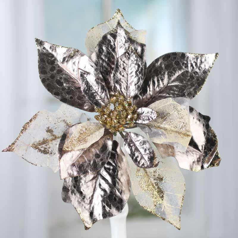 Set of 2 Platinum Sparkling Satin and Mesh Artificial Poinsettia 8″ Picks