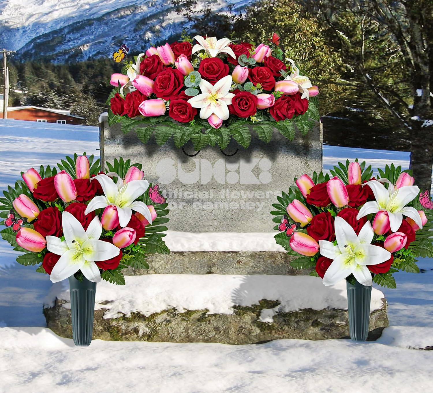 Realistic Silk Cemetery Flowers – Pink Tulip, White Lily, Red Rose Saddle Decor