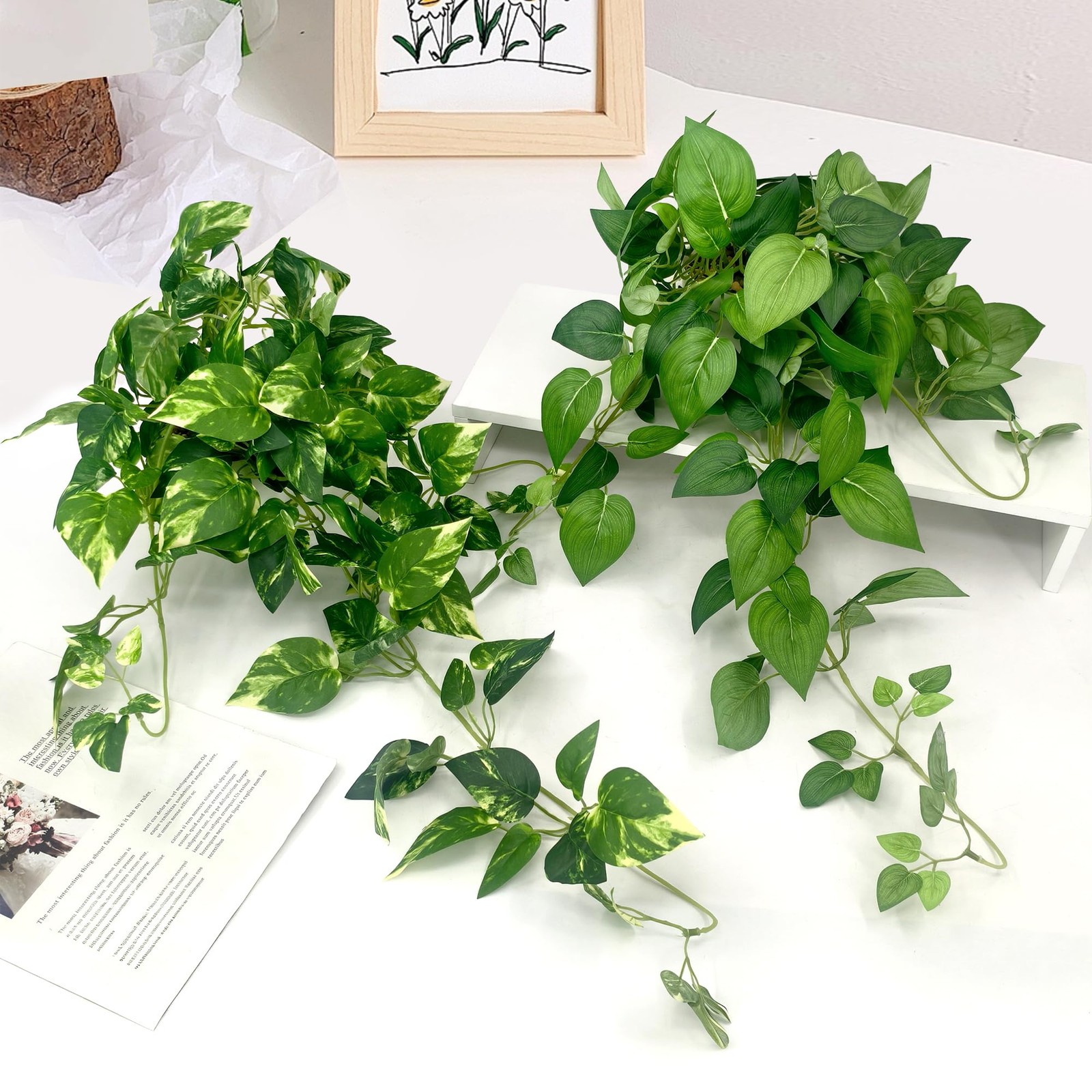 2 PCS 23.6 Inch Artificial Pothos Ivy Vine Hanging Plants Faux Greenery In Pot