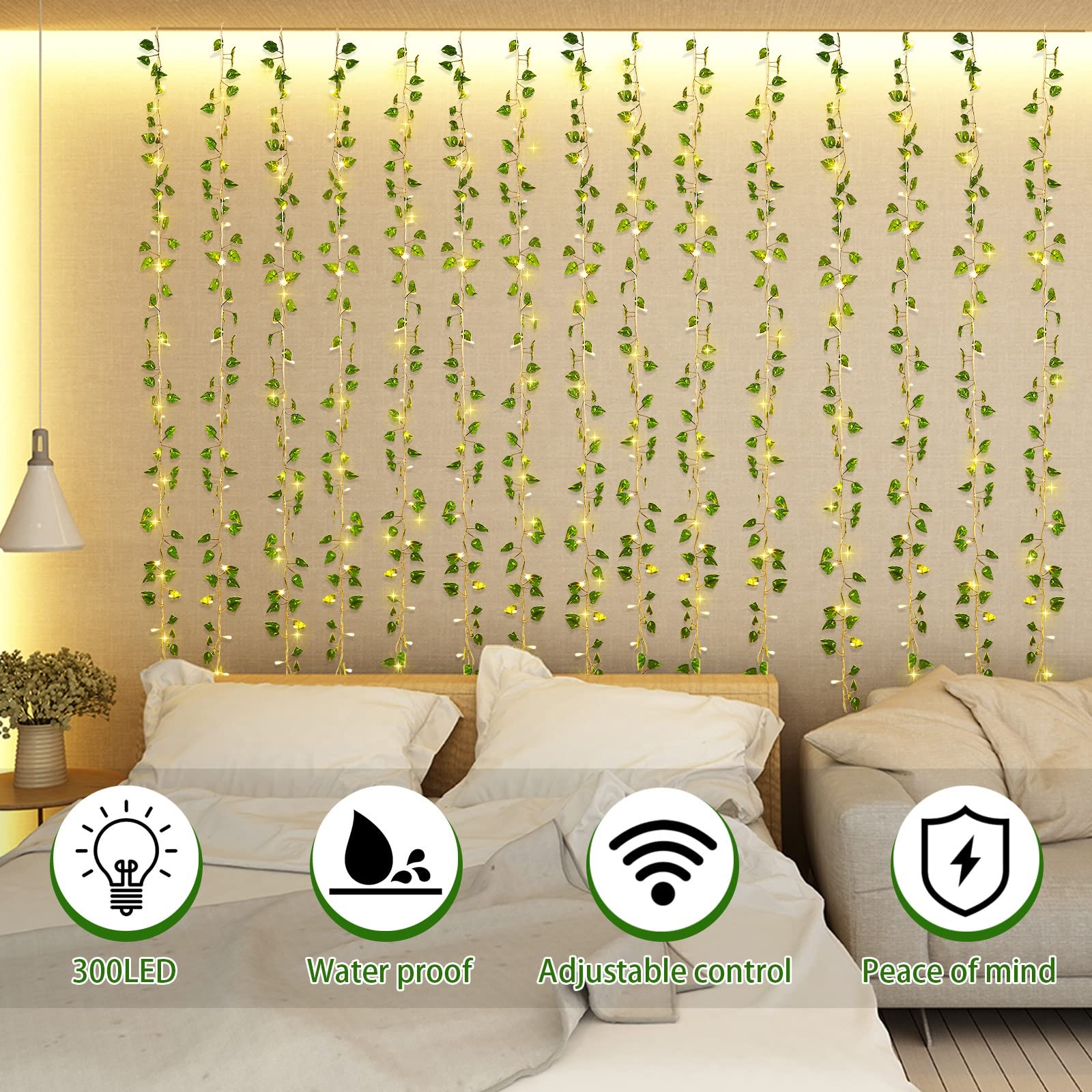 15 Pcs 6.6 ft 300 LED Fake Ivy Vines with Lights for Bedroom String Fairy Lig…