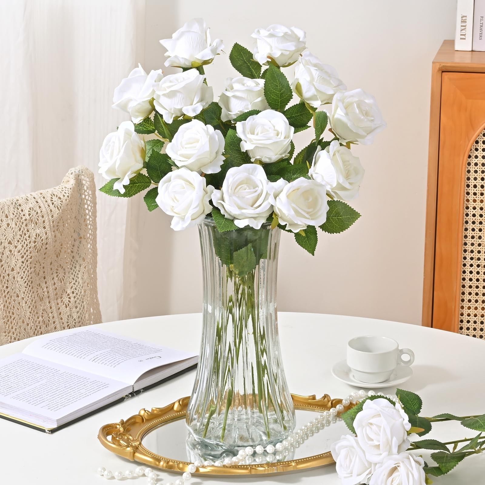 Waipfaru 100 Pcs White Roses Artificial Flowers Bulk, Real Touch Velvet Roses