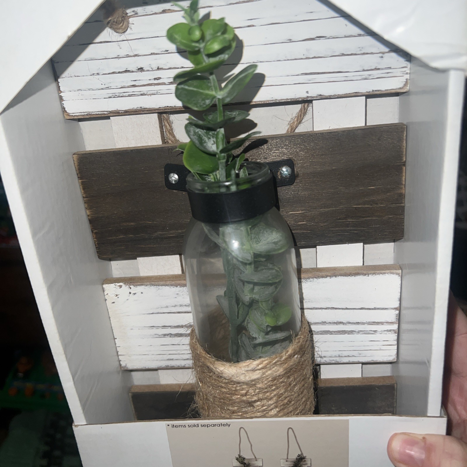 Farmhouse Rustic Wooden Artificial Plant In Bottle, Hanging Plaque, New In Box