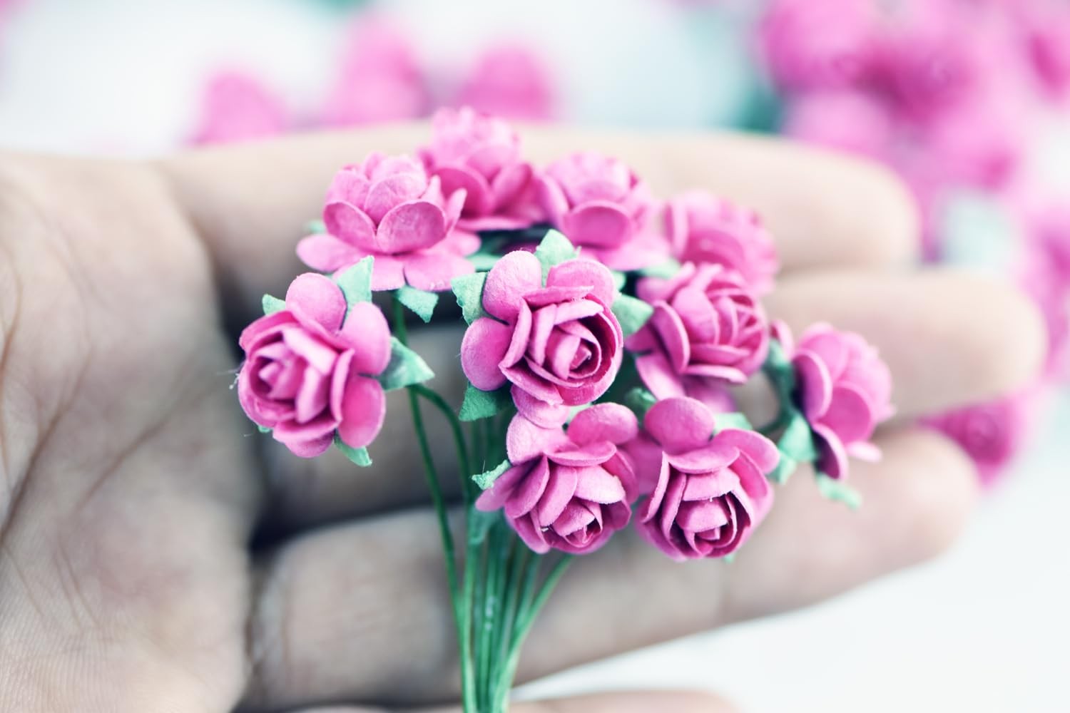 100 PCS Tiny Artificial Rose Mulberry Paper Flower 1518mm Pink Wedding