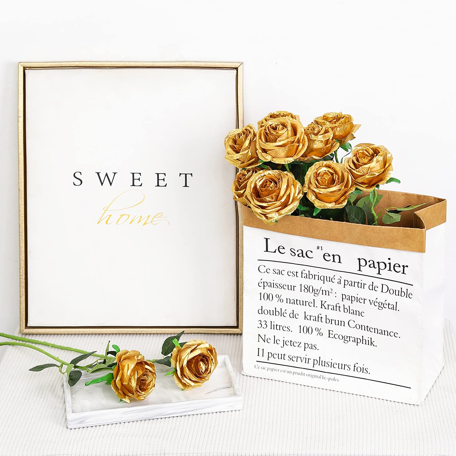 12 Pcs Gold Artificial Flowers Realistic Blooming Rose For Home Decor Weddings