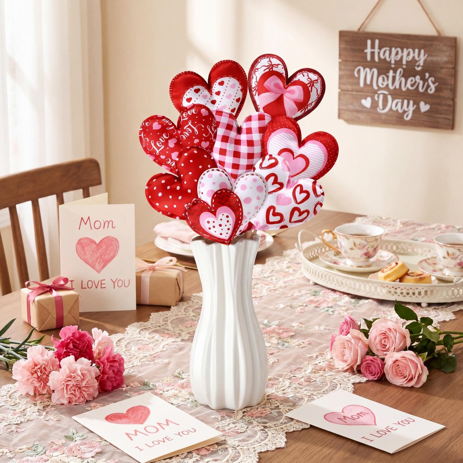 24 Pcs Heart Flower Picks Decoration Love Fabric Felt Heart on Sticks 3D Flor…