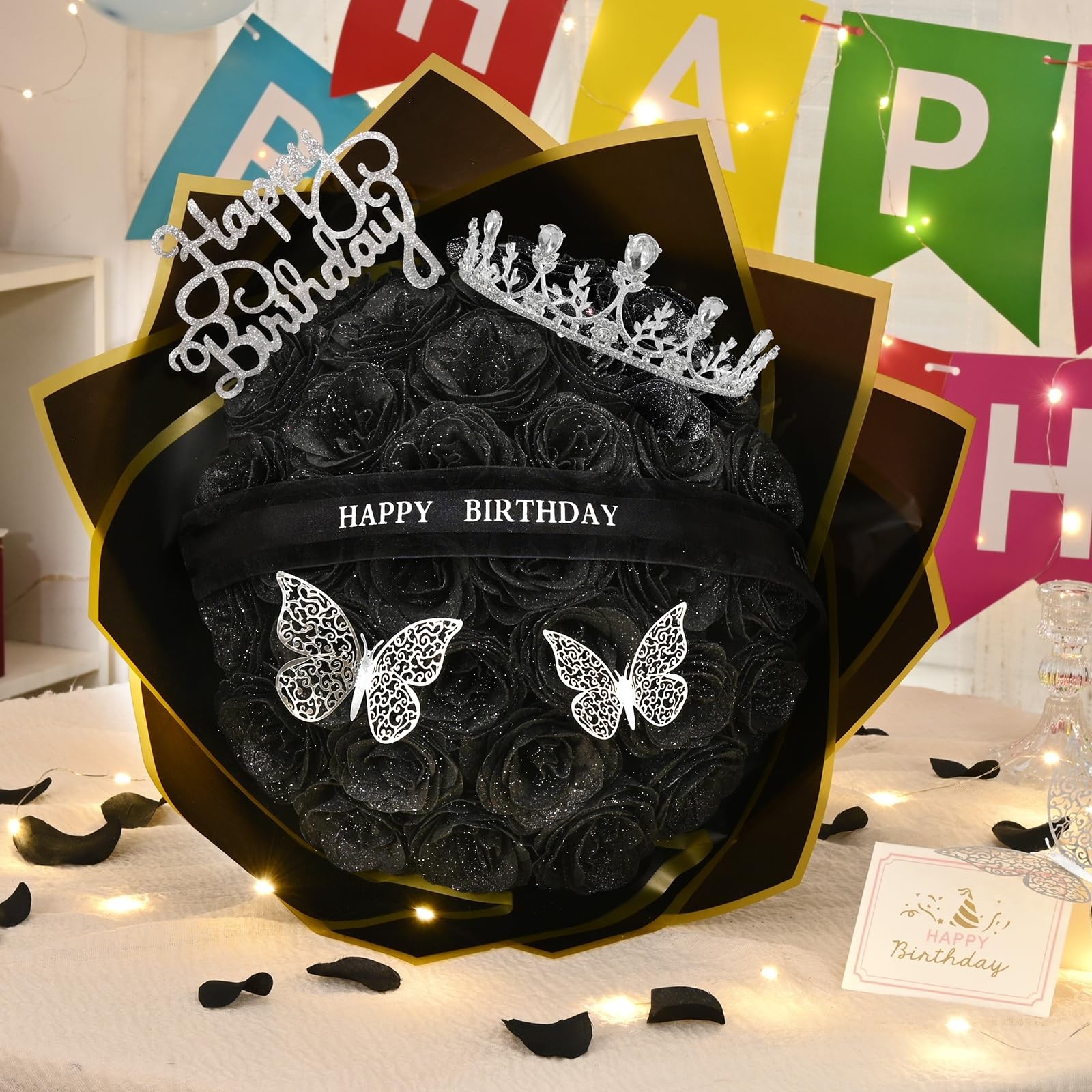 36 Pcs Black Glitter Artificial Flowers Bouquet With Birthday Stand Signs