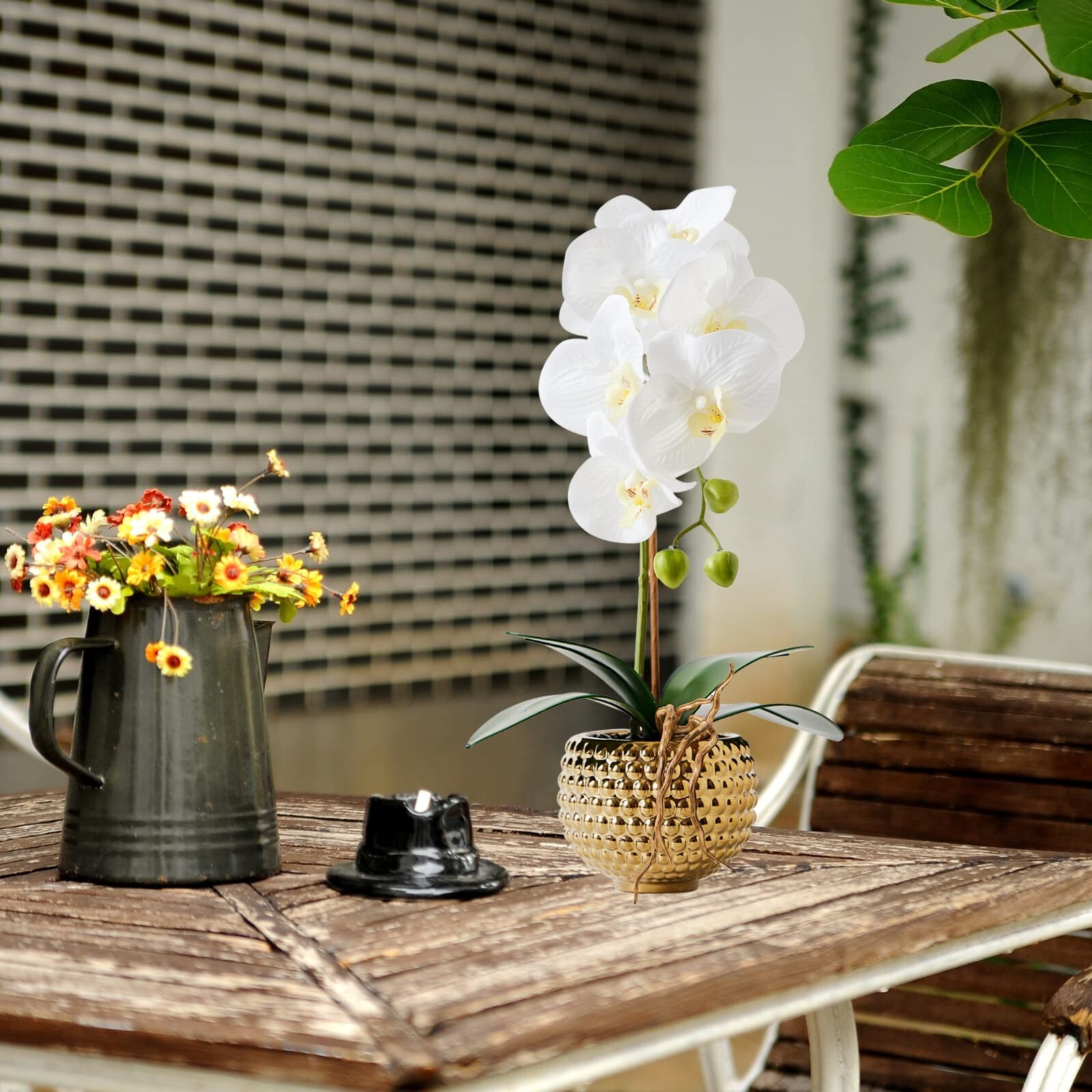 Orchids Artificial Flowers, 15″ Faux Orchid in Gold Flower Pot Real Touch Flo…