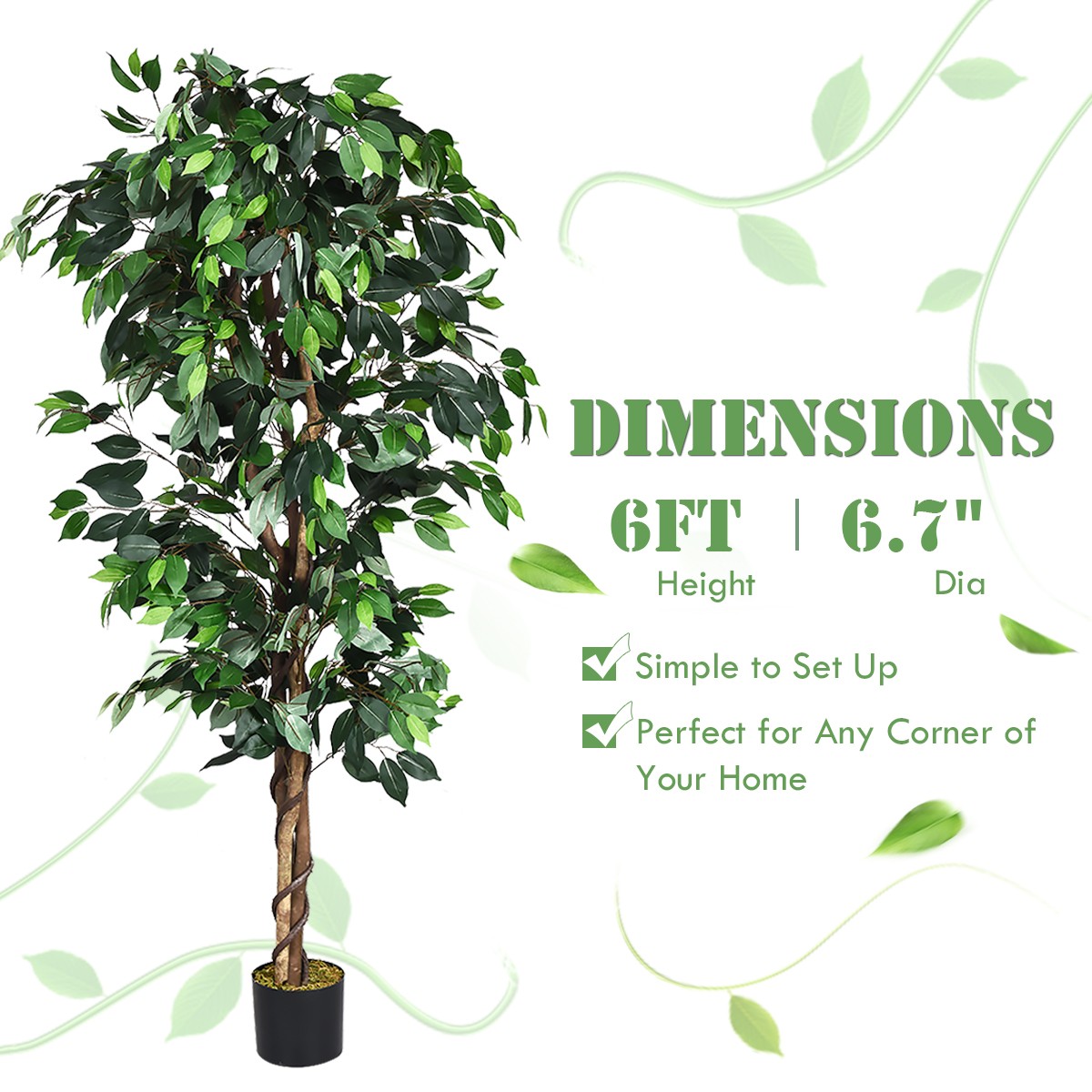 6 Feet Artificial Ficus Silk Tree Home Decor Wood Trunks Green Living Room
