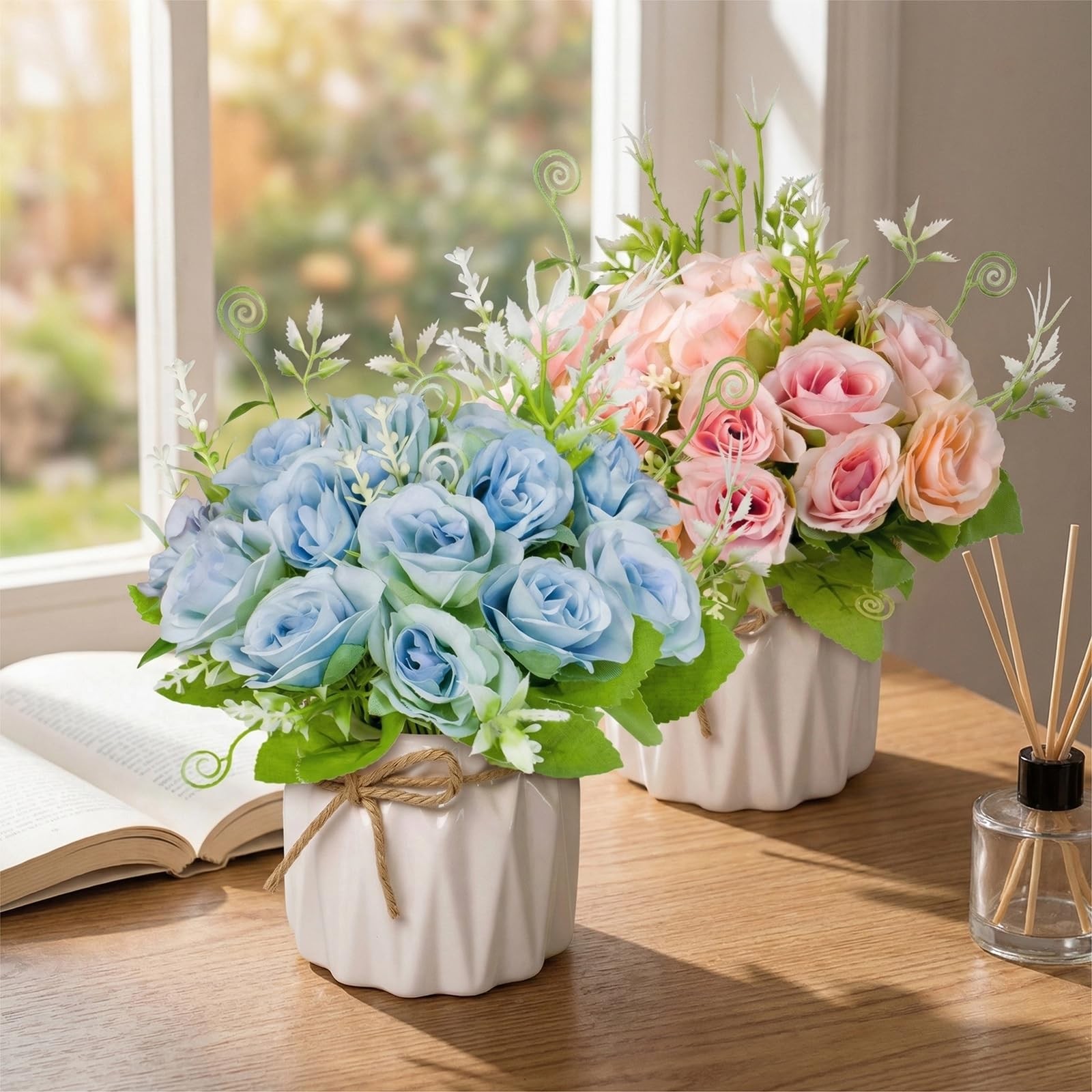 Blue Artificial Roses with Ceramic Vase, No Maintenance Fake Flowers for Tabl…