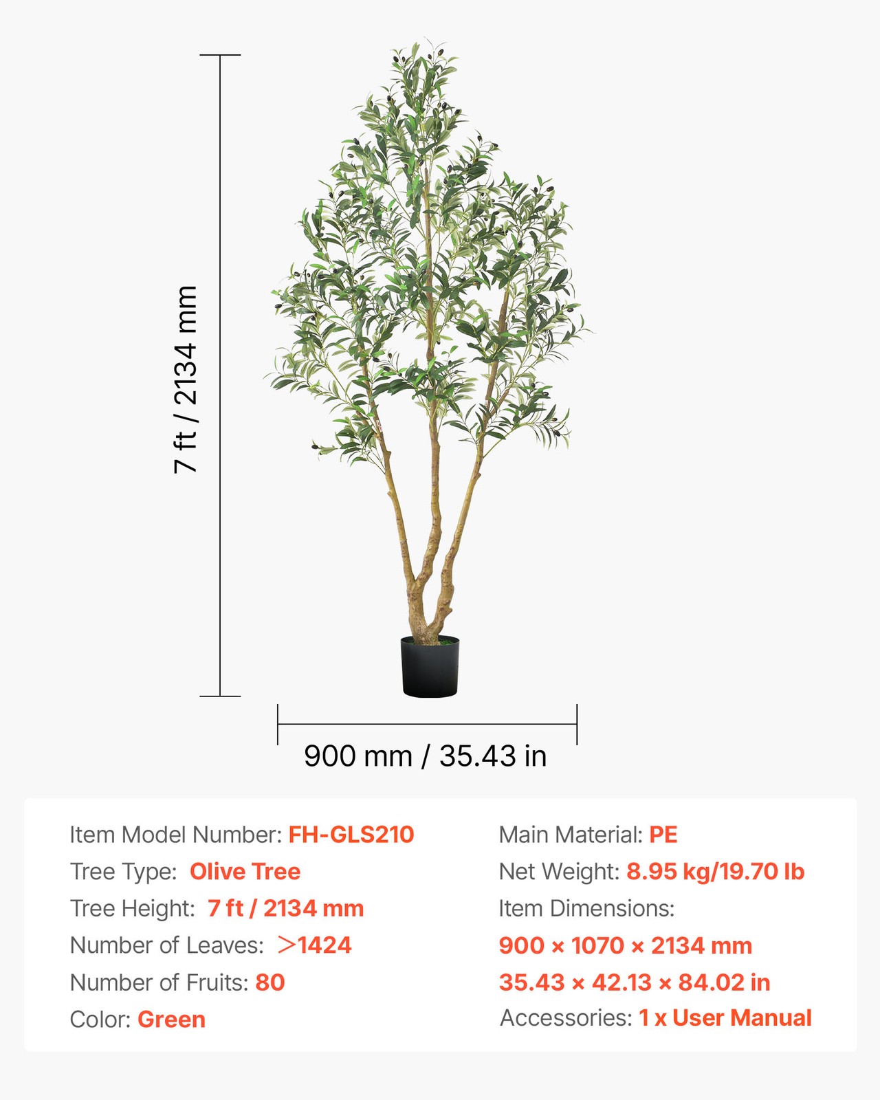 VEVOR 7FT Artificial Olive Tree Tall Fake Plant with Black Pot Home Office Use