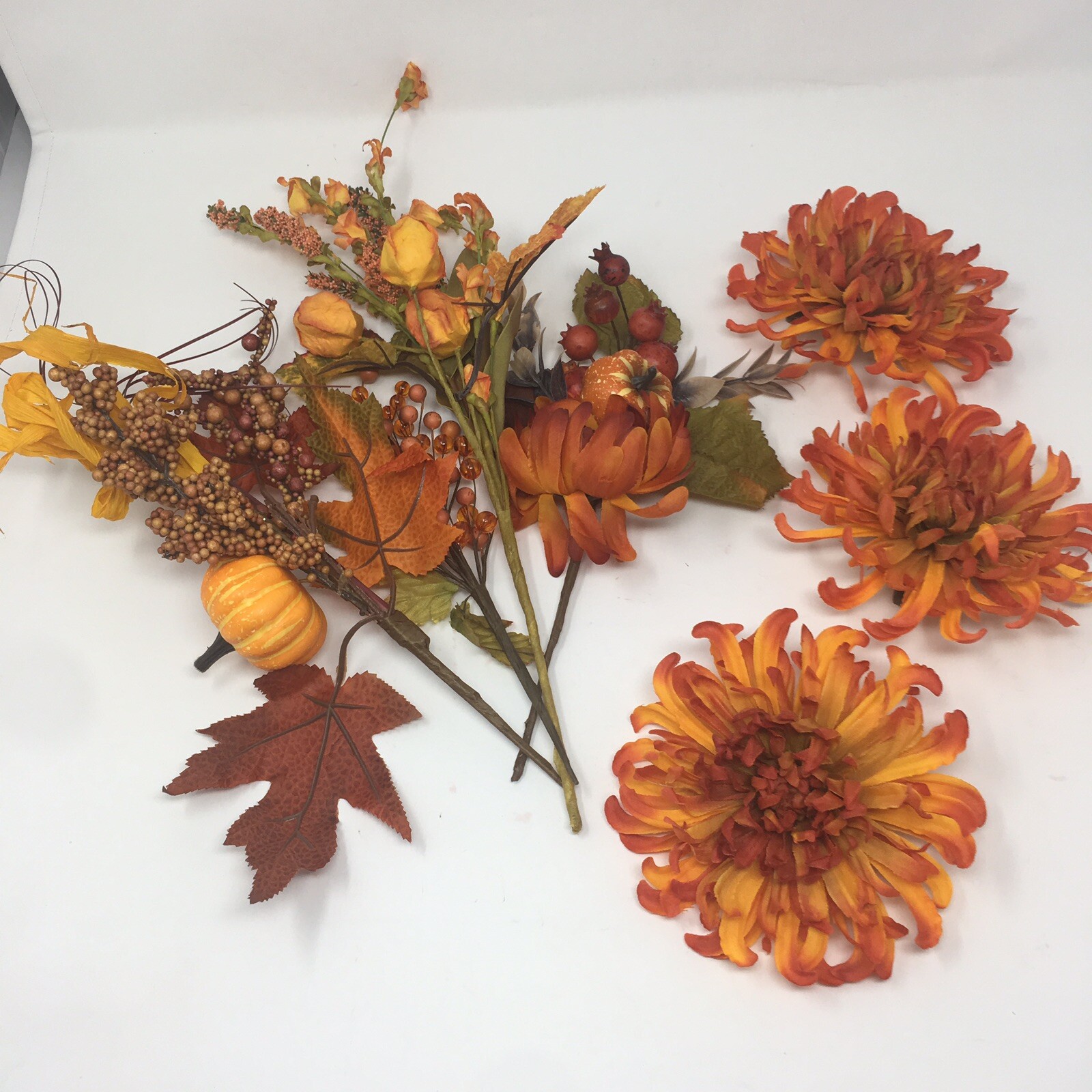 Fall Berry & Twig Silk Flower Stem bunches and 3 pin on flower rounds orange lot