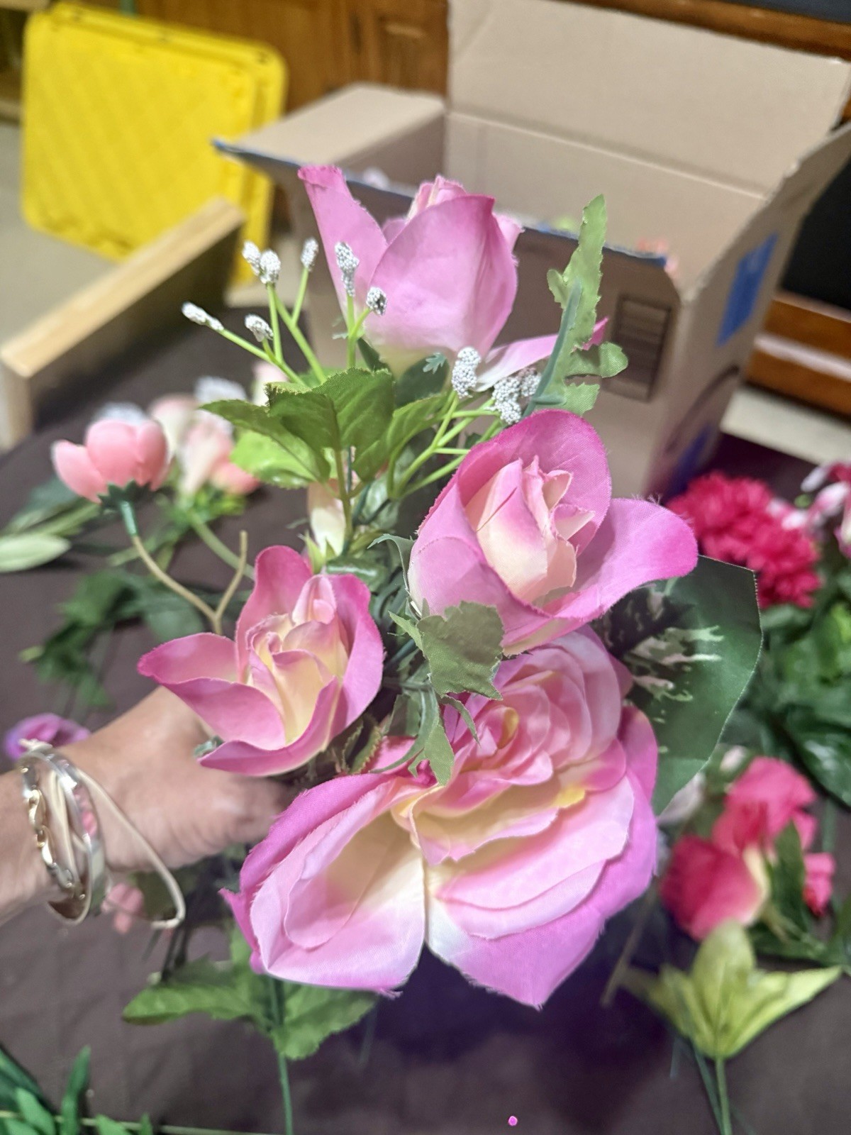 Large Lot / Box of Miscellaneous Artificial Silk Flowers – Pink Shades