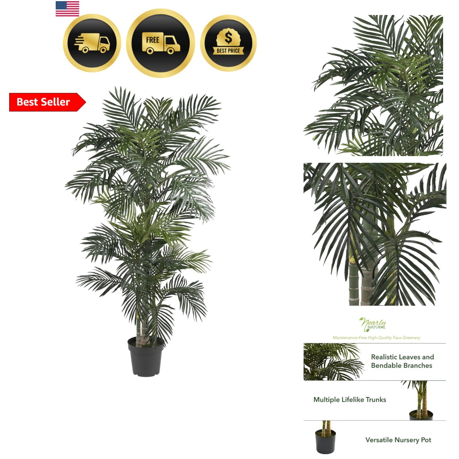 6.5ft Artificial Golden Cane Palm Tree, Lifelike Silk Indoor Palm With Three …