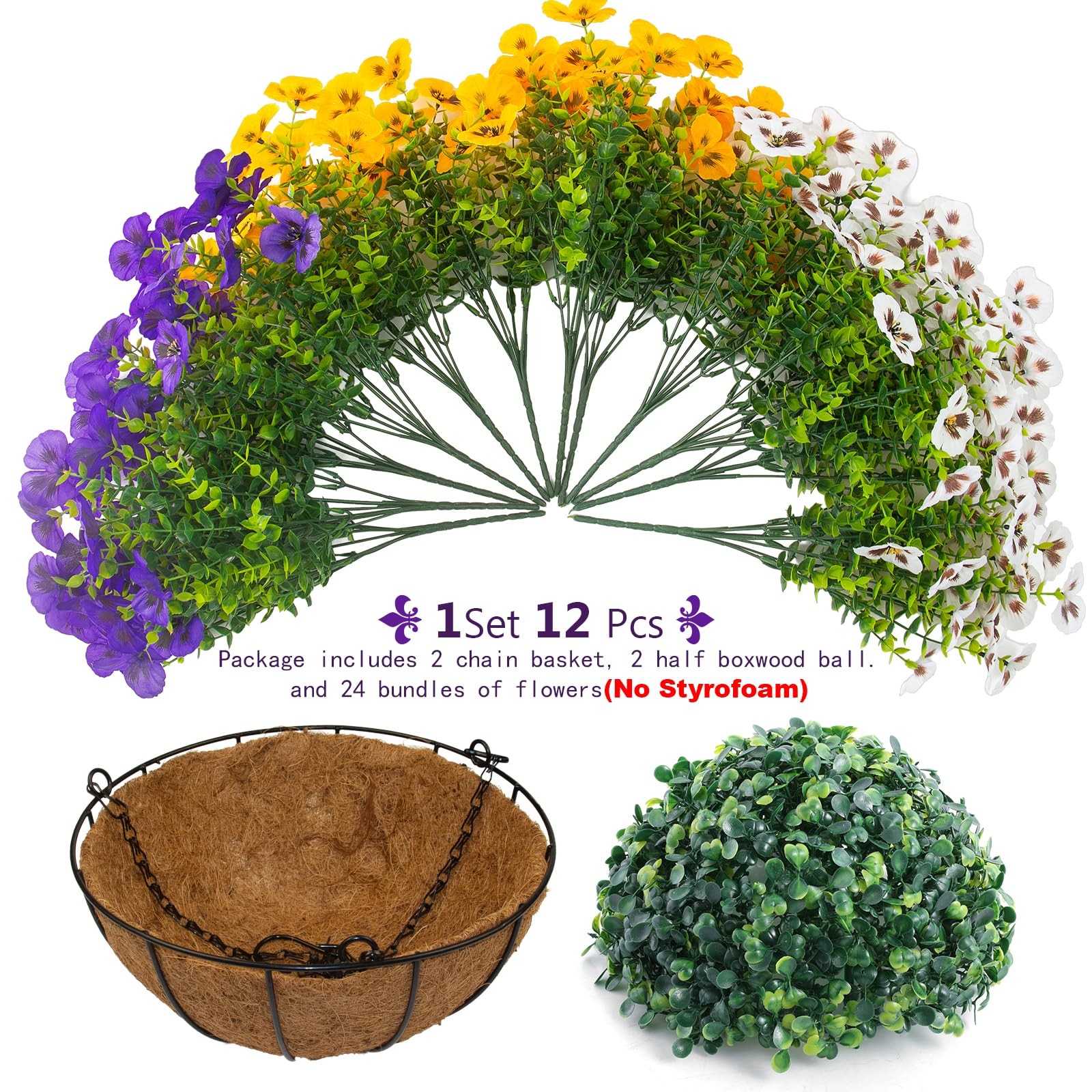 2 Sets Artificial Hanging Pansy Flowers with Baskets, 24 Pcs UV Resistant Fau…