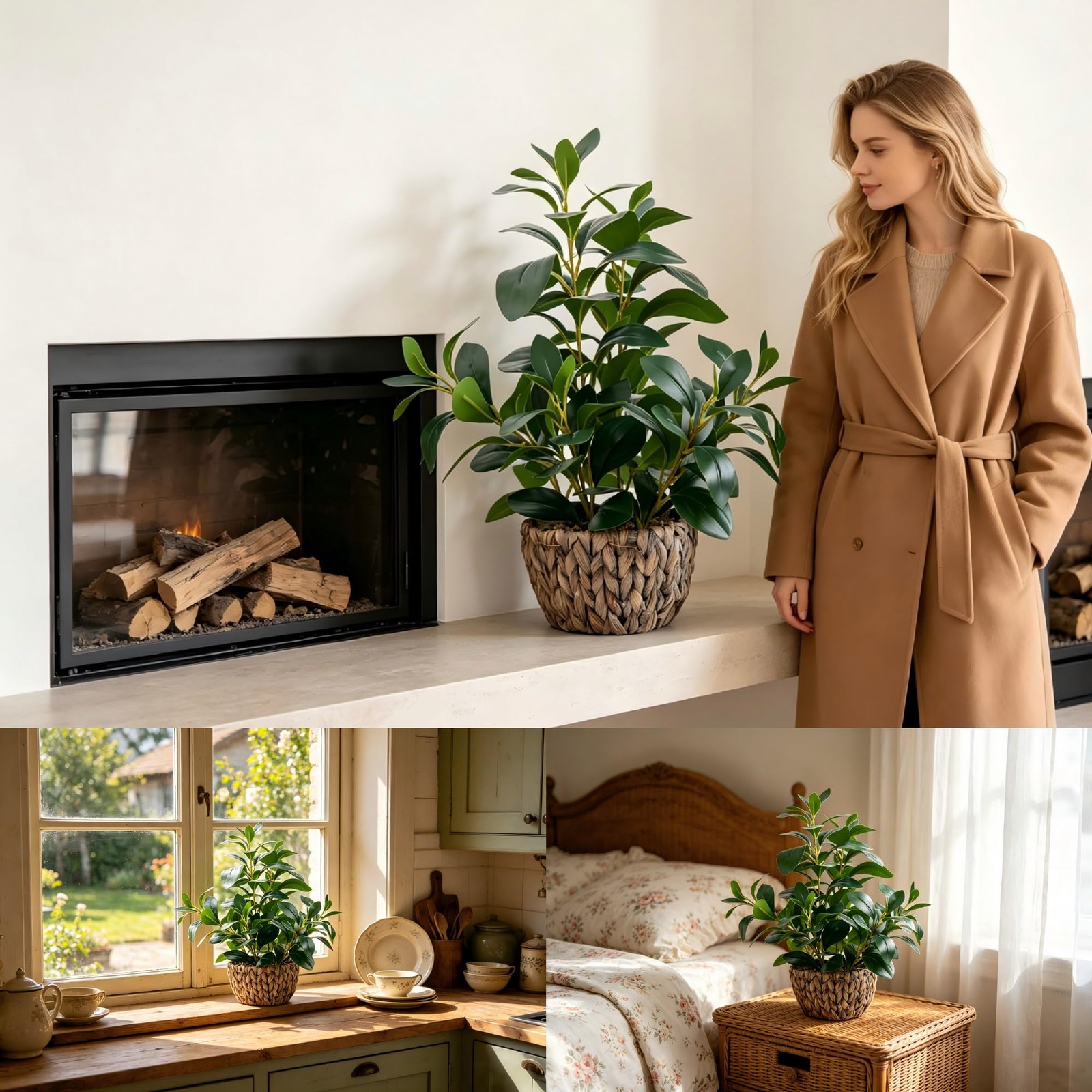 18.8 Inch Artificial Ficus Plant Indoor Faux Greenery Potted in Rattan Woven …