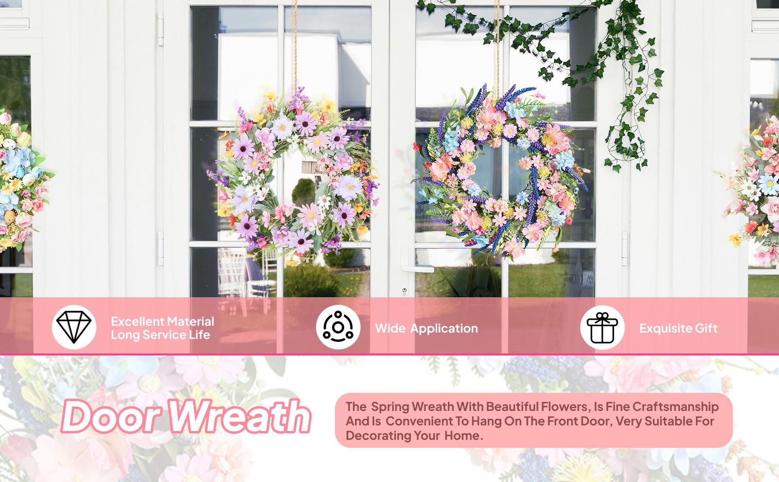 Spring Colorful Wreath Artificial Rose Wreath 18inch Garland for Housewarming