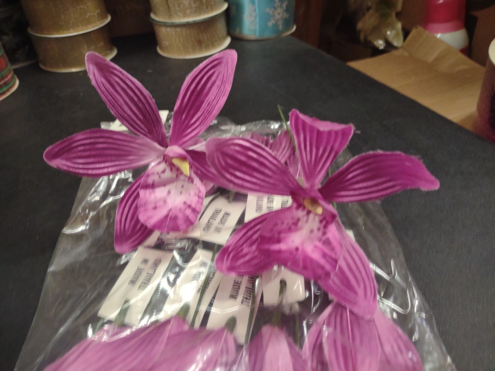 12 Stems 1970s Vintage Silk Orchids, 9″ Cymbidium Orchid Flower Pick Plum Purple