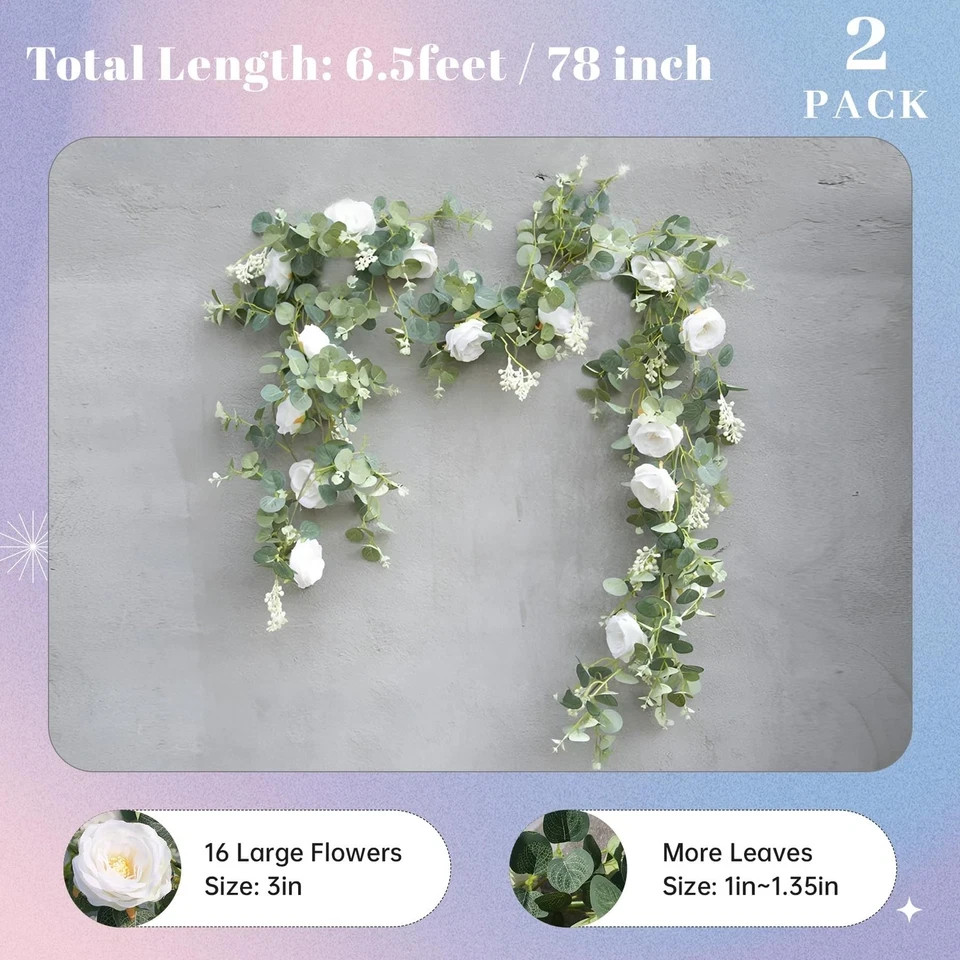 2Pcs 13FT Artificial Eucalyptus Flower Garland 2 Pcs, White 2 Pcs