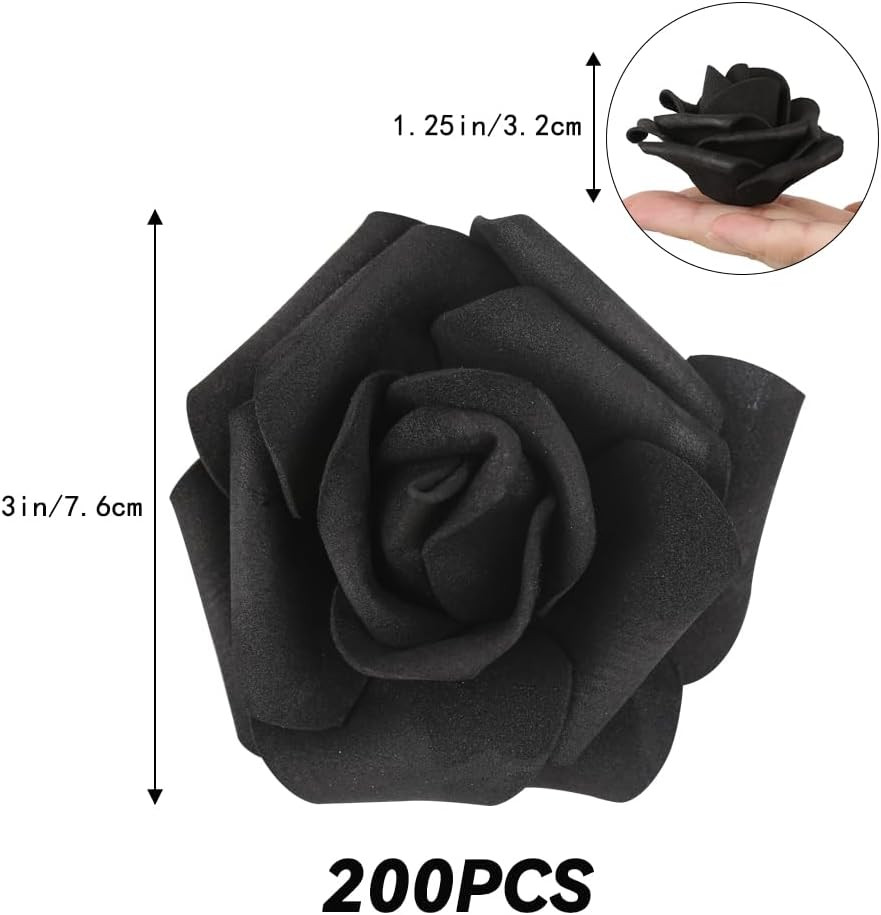 200Pcs Black Artificial Foam Rose Flower Head, 3-Inch Fake Flower Heads Stemless