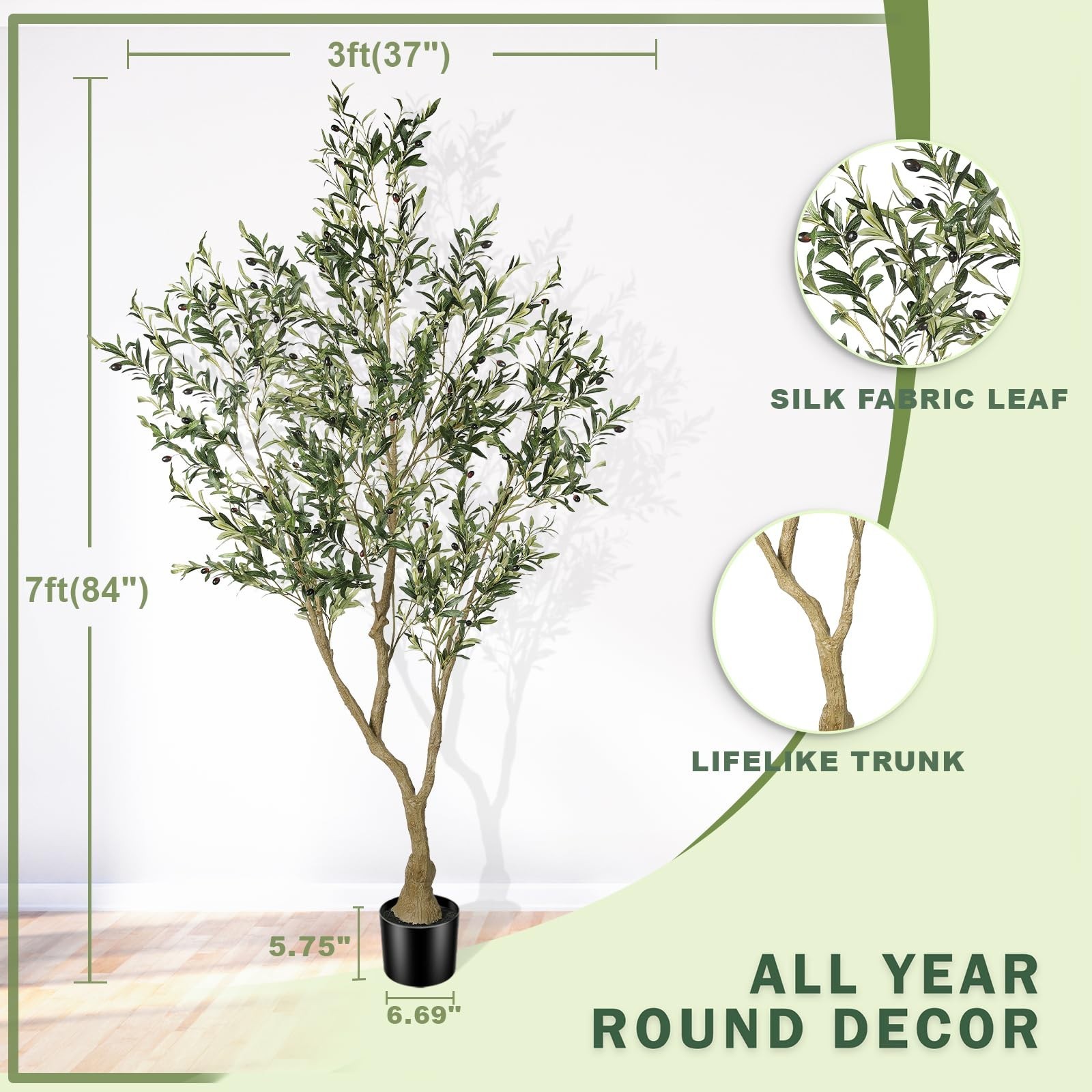 7ft Artificial Olive Tree – Lifelike Faux Plant with Large Branches & Fruits for