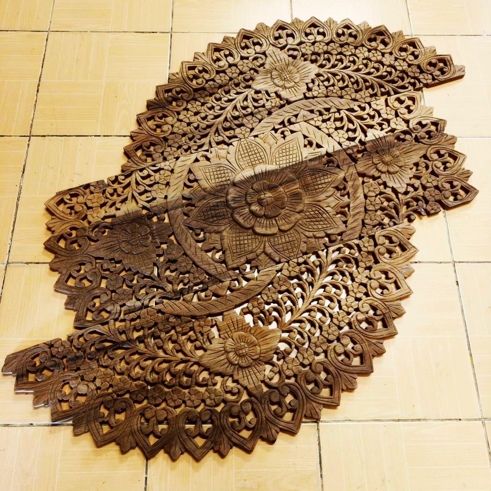 36″ Natural Brown Wood Mandala Wall Art Hand Carved Rain Tree Tropical Decor #F