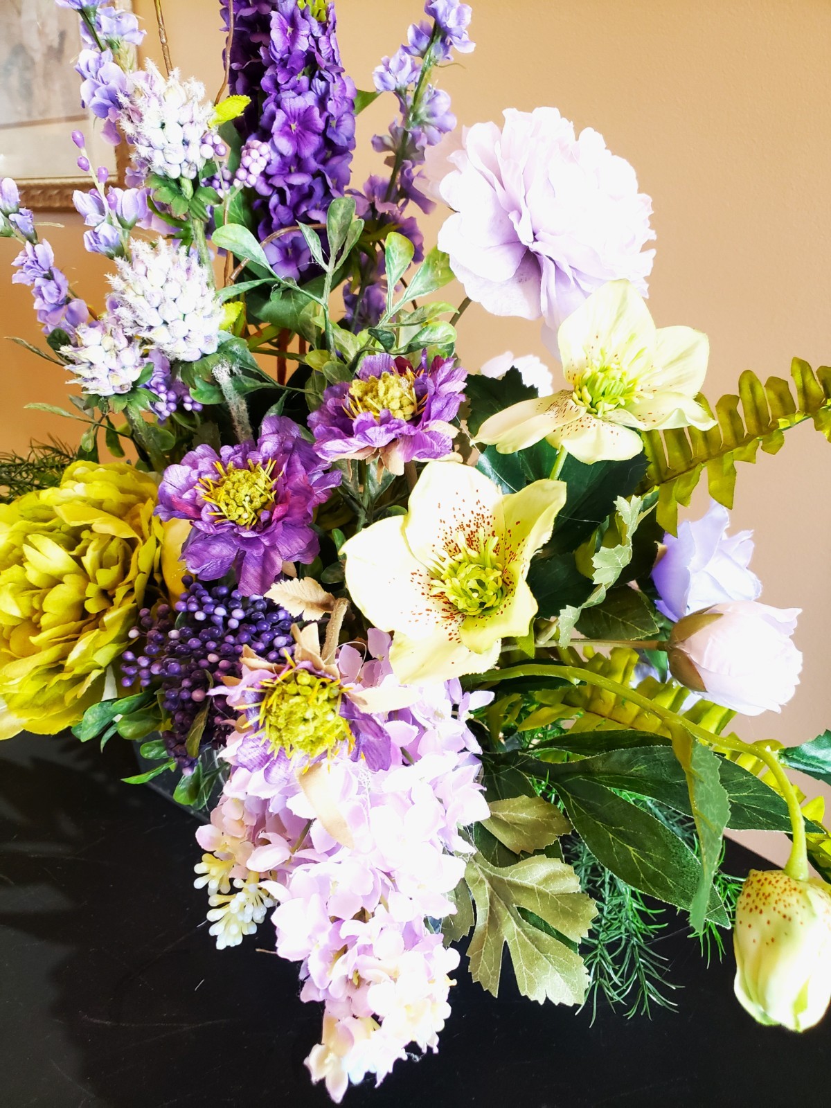 Purple & Lavender Lilac Arrangement in Oblong Silver Container – Peony, Scabiosa