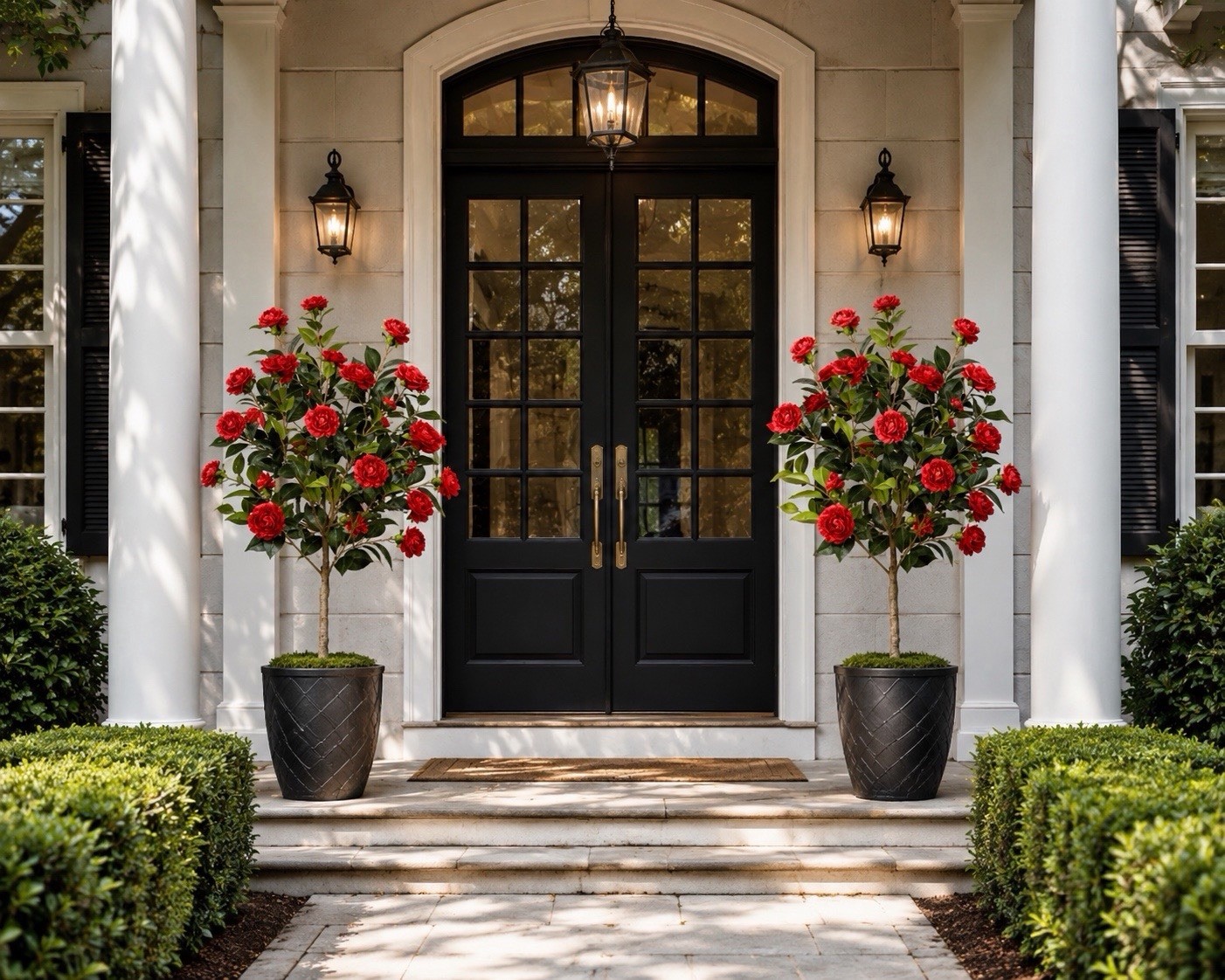 2-Pack 4ft Artificial Camellia Tree Faux Fake Potted Red Flowering Plant Decor