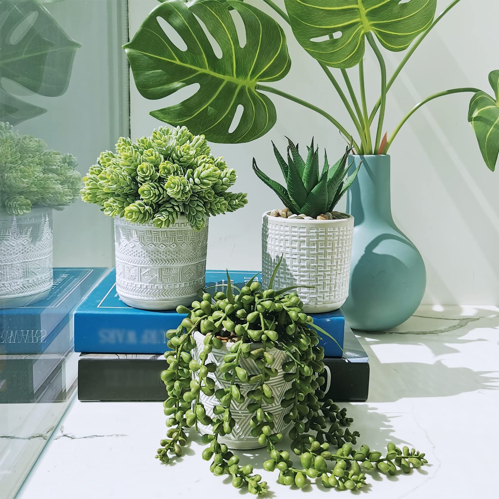 Set of 3 Assorted Small Potted Succulent Plants Fake Aloe String of Pearls Ho…