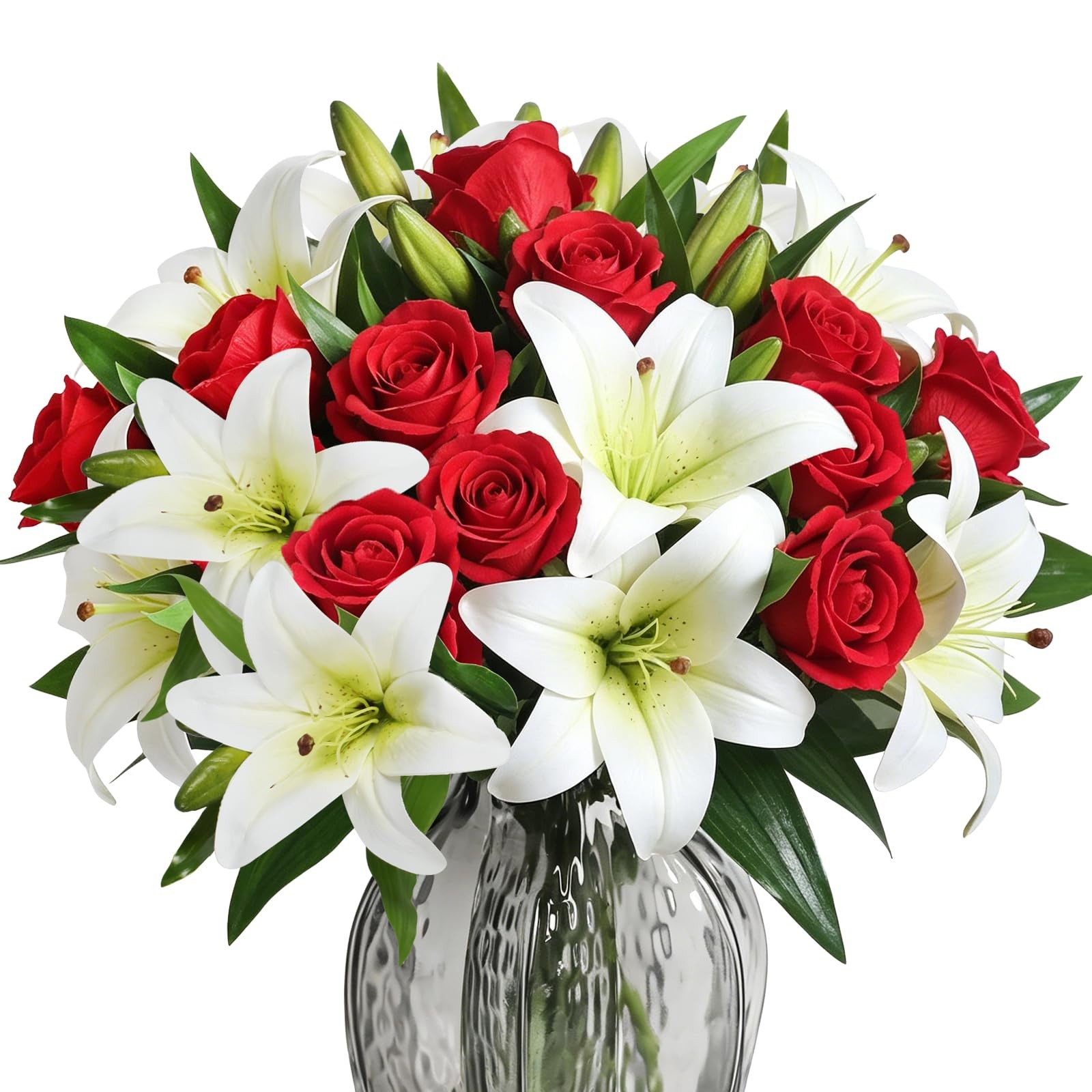 Artificial Flower Arrangement Lilies Velvet Roses Bouquet 22 Pcs Red White