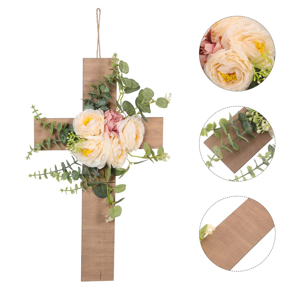 Decorative Wood Cross Wall Hanging with Beige Artificial Flowers Matte Finish