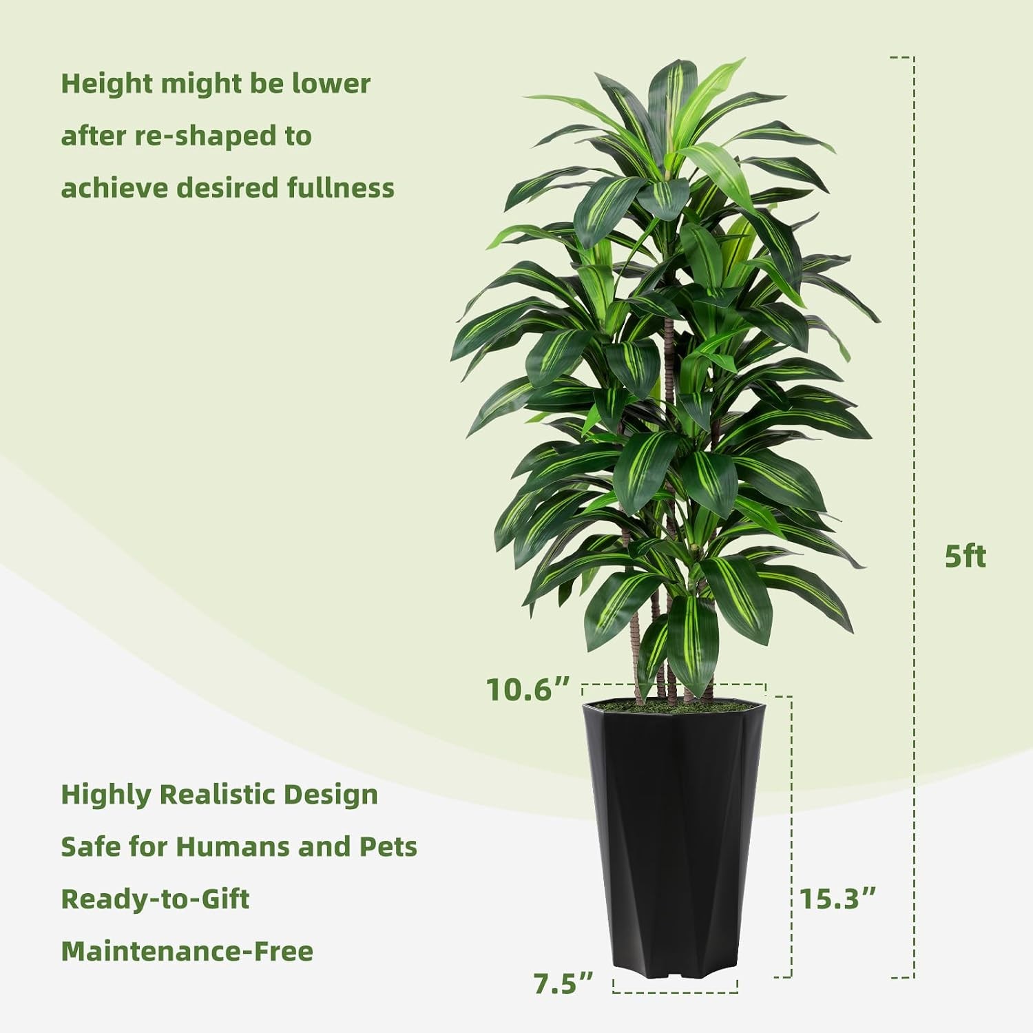 Artificial Dracaena Tree 5FT – Faux Plant with Black Diamond Planter – Tall Fake
