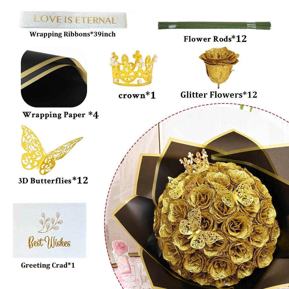 12PCS Glitter Roses Artificial Flowers DIY Bouquet Everlasting Fake Flower