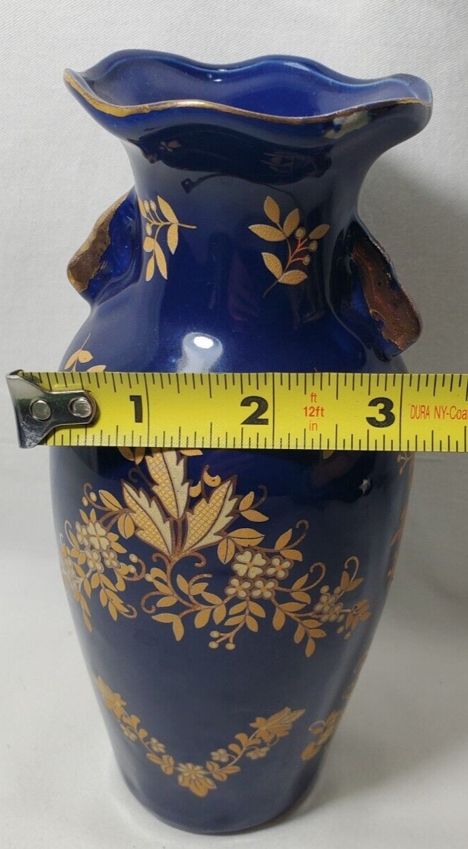 Hand-painted Dark Blue With Gold Floral Porcelain Vase Double Handle