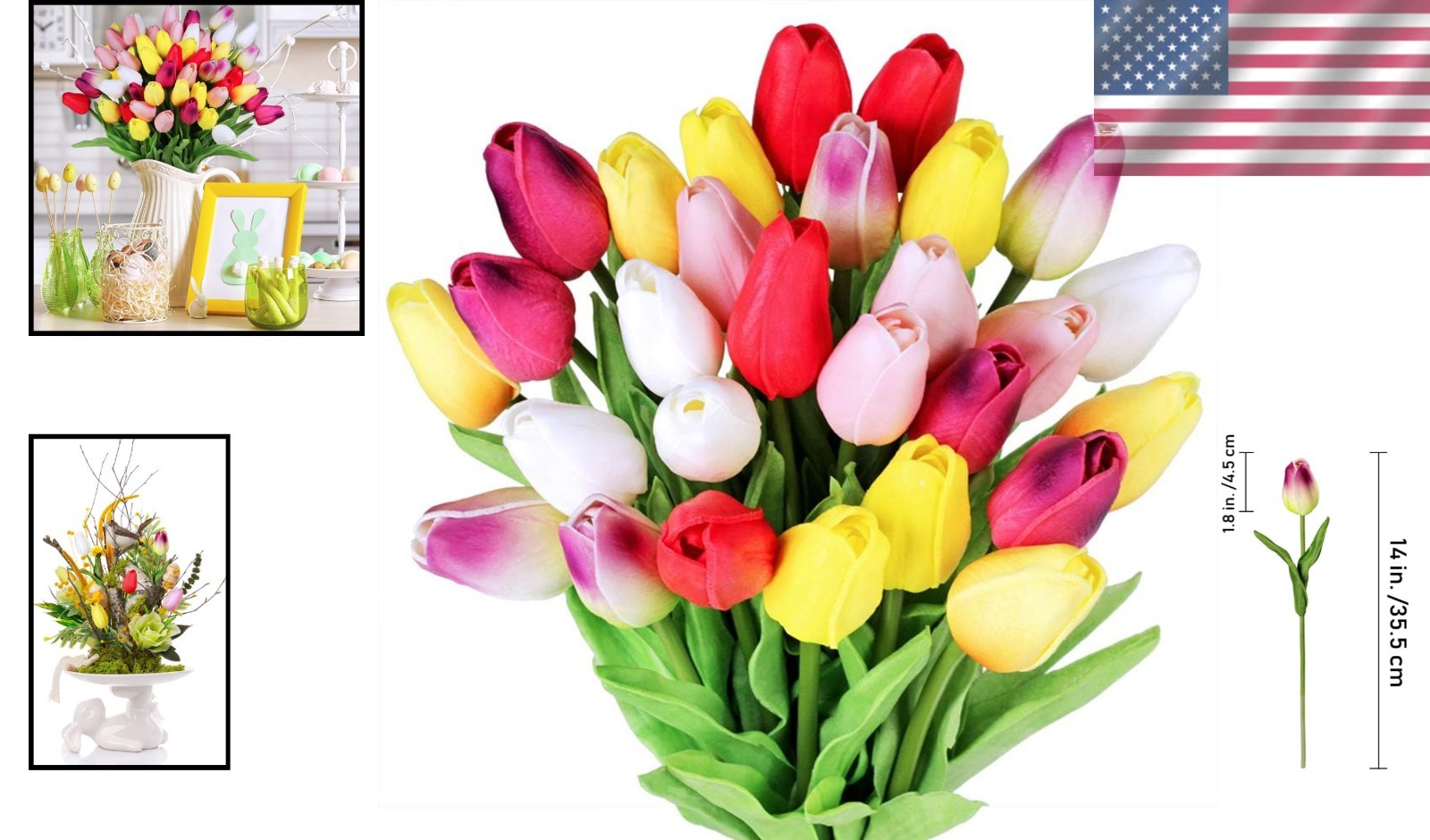 28-Pc Multicolor Tulips Faux Flowers 14″ PU Stems