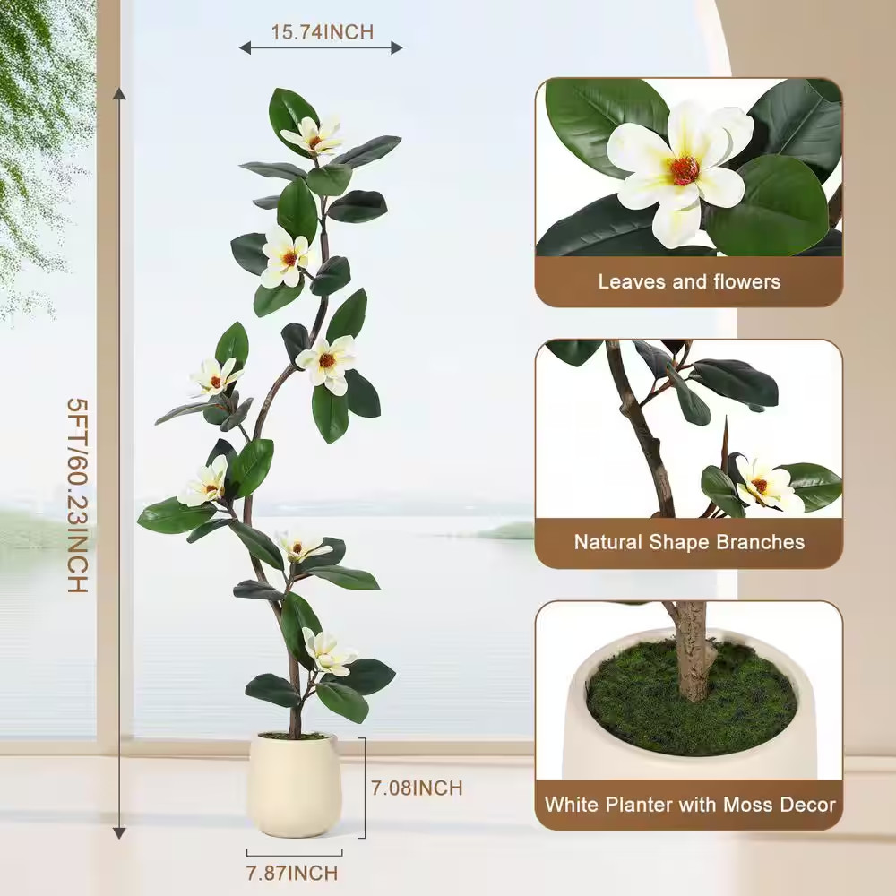 Artificial Magnolia Tree 5FT Fake Plant Indoor White Flowers Planter Decor