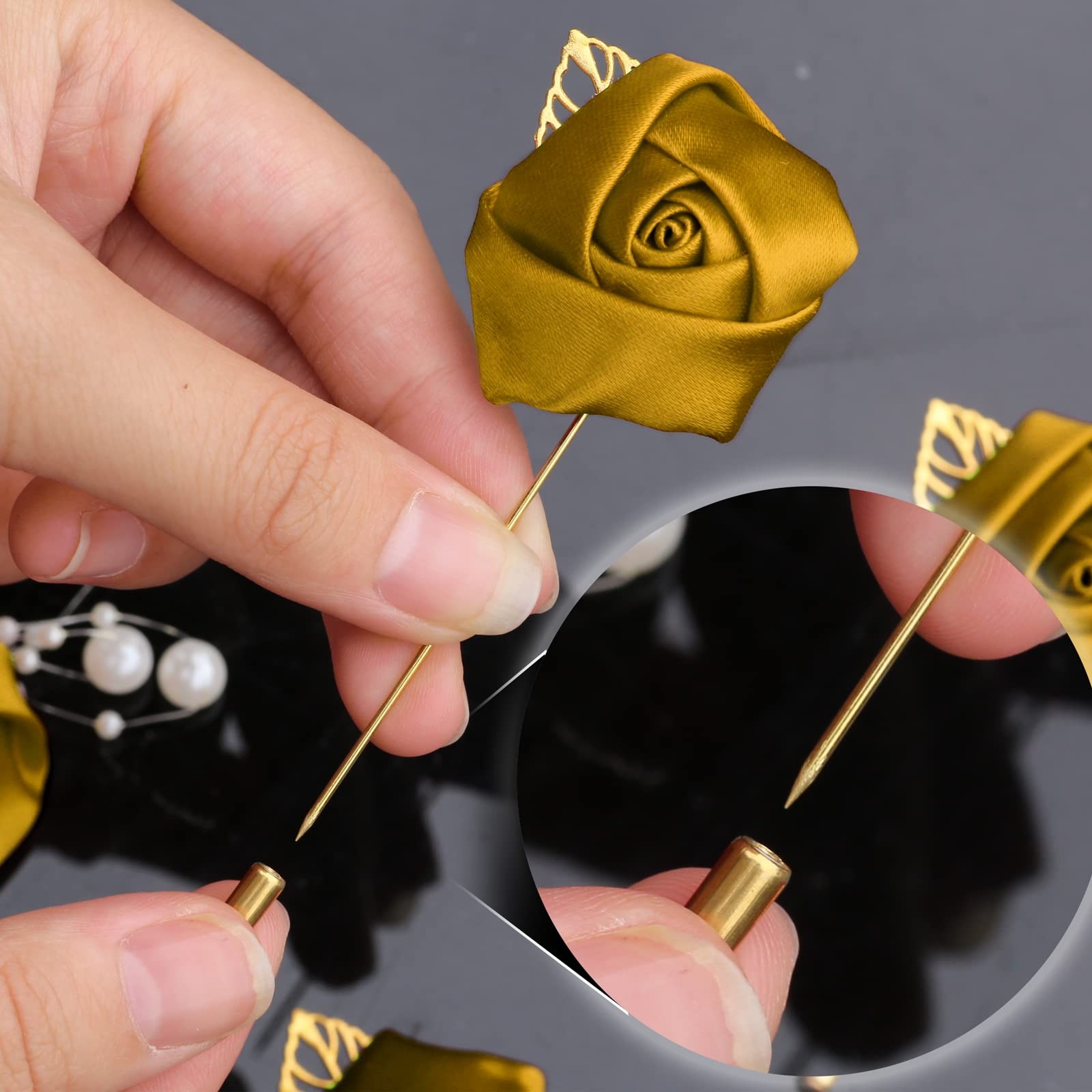 7 PCS Gold Artificial Rose Corsages Boutonniere Pins Men Wedding Suit Decor