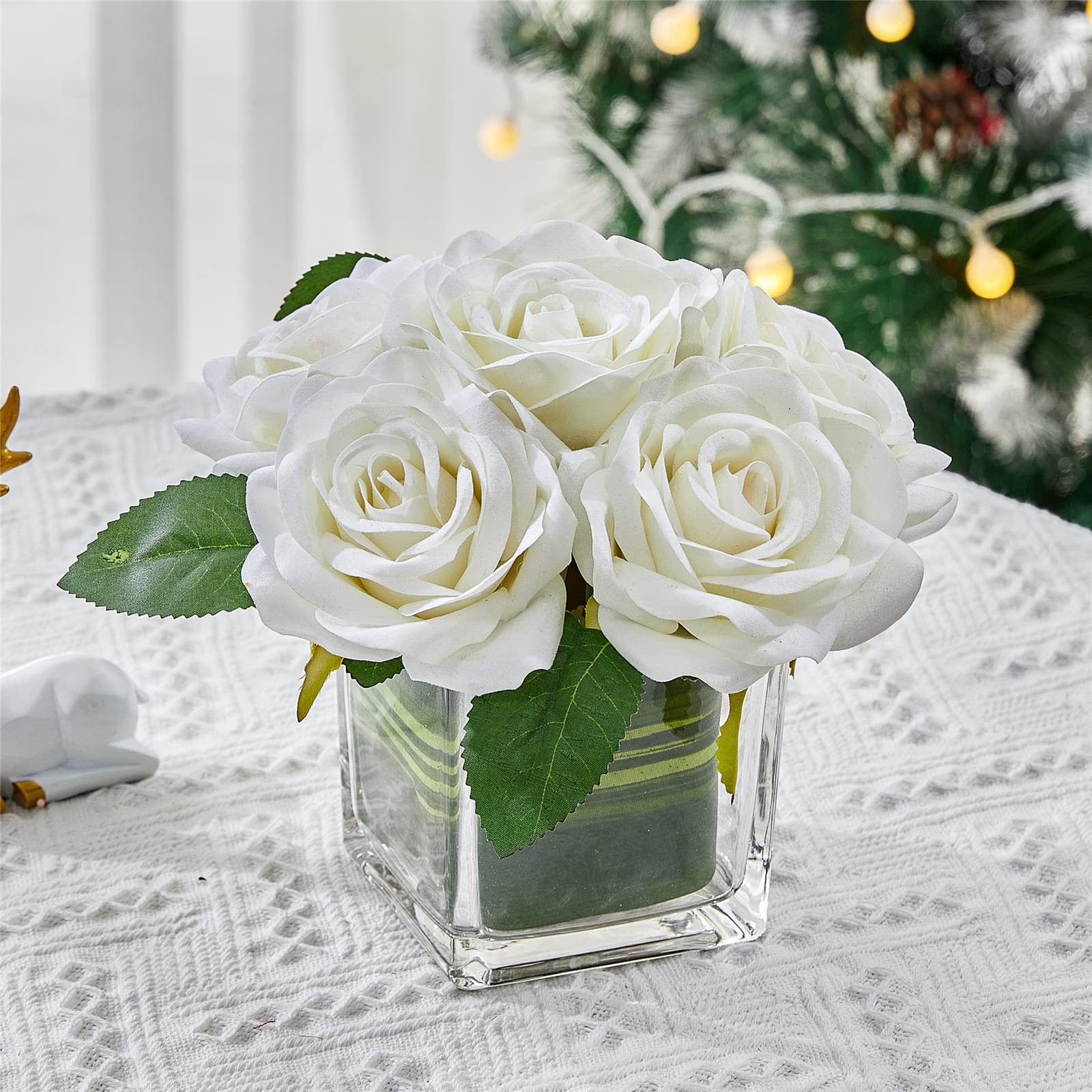 Artificial Velvet Rose Flower Centerpiece Arrangement in Vase Ivory Rose