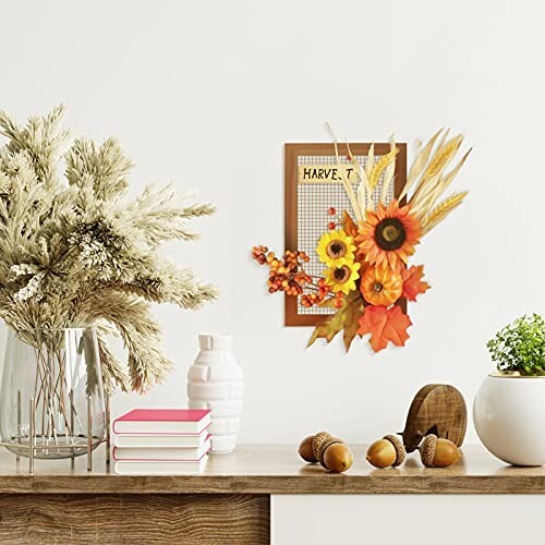 Flower Fall Decorations Home, Rustic Wooden Autumn Wall Decor for Living Room