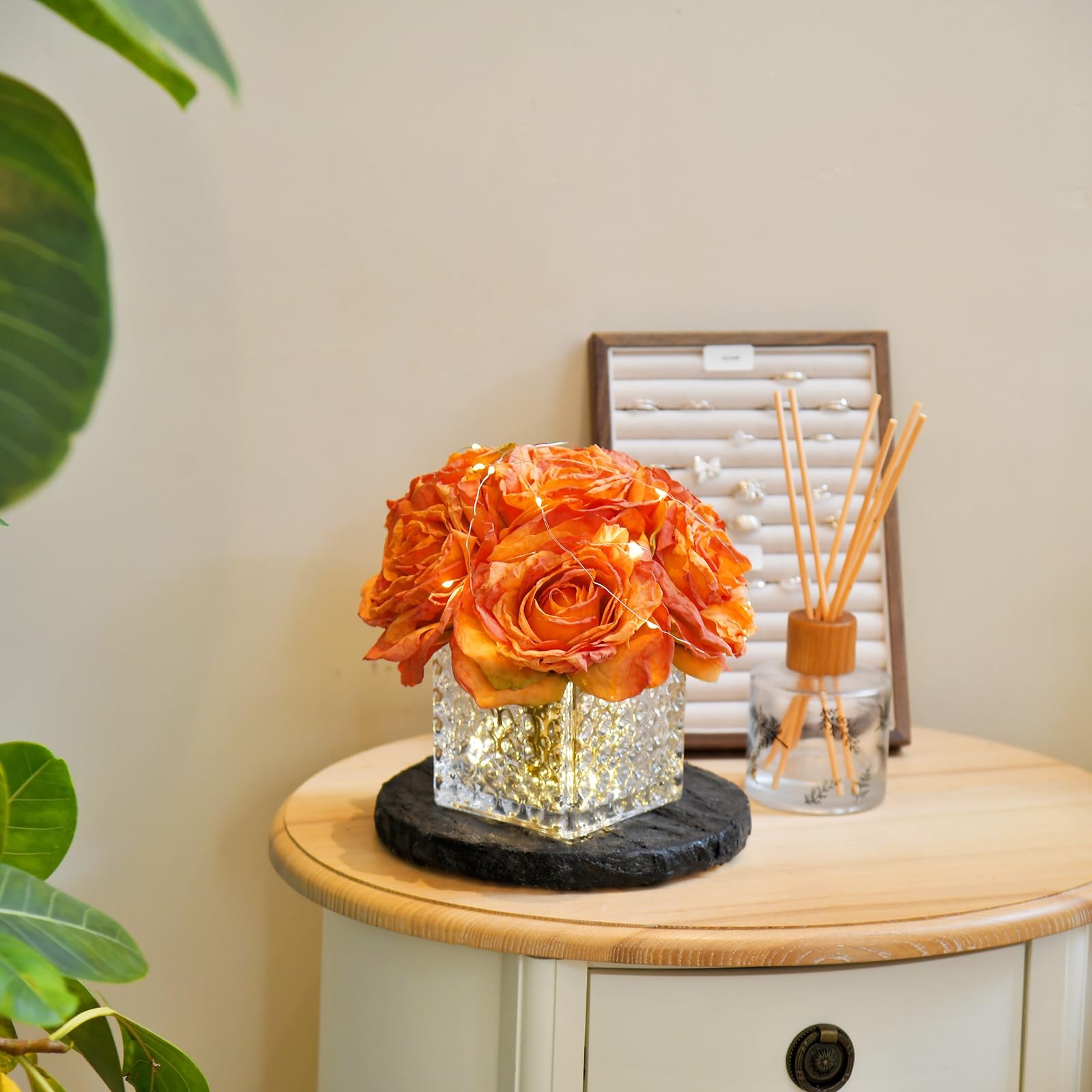 Artificial Rose in Glass Vase Vintage Silk Flower Arrangement with LED Light …