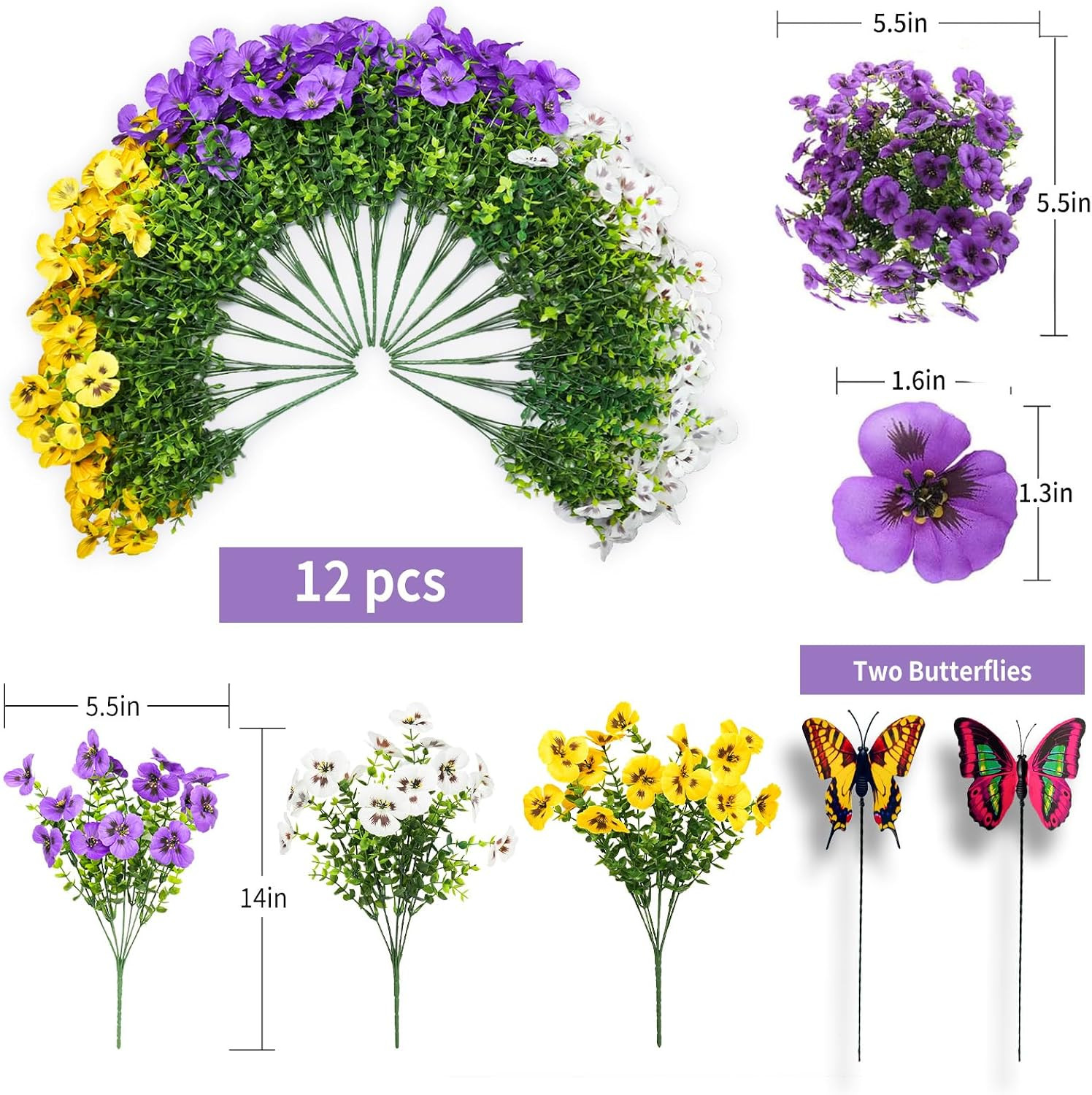 Artificial Silk Pansy Flowers with Decorative Butterflies, UV Resistant Waterpro