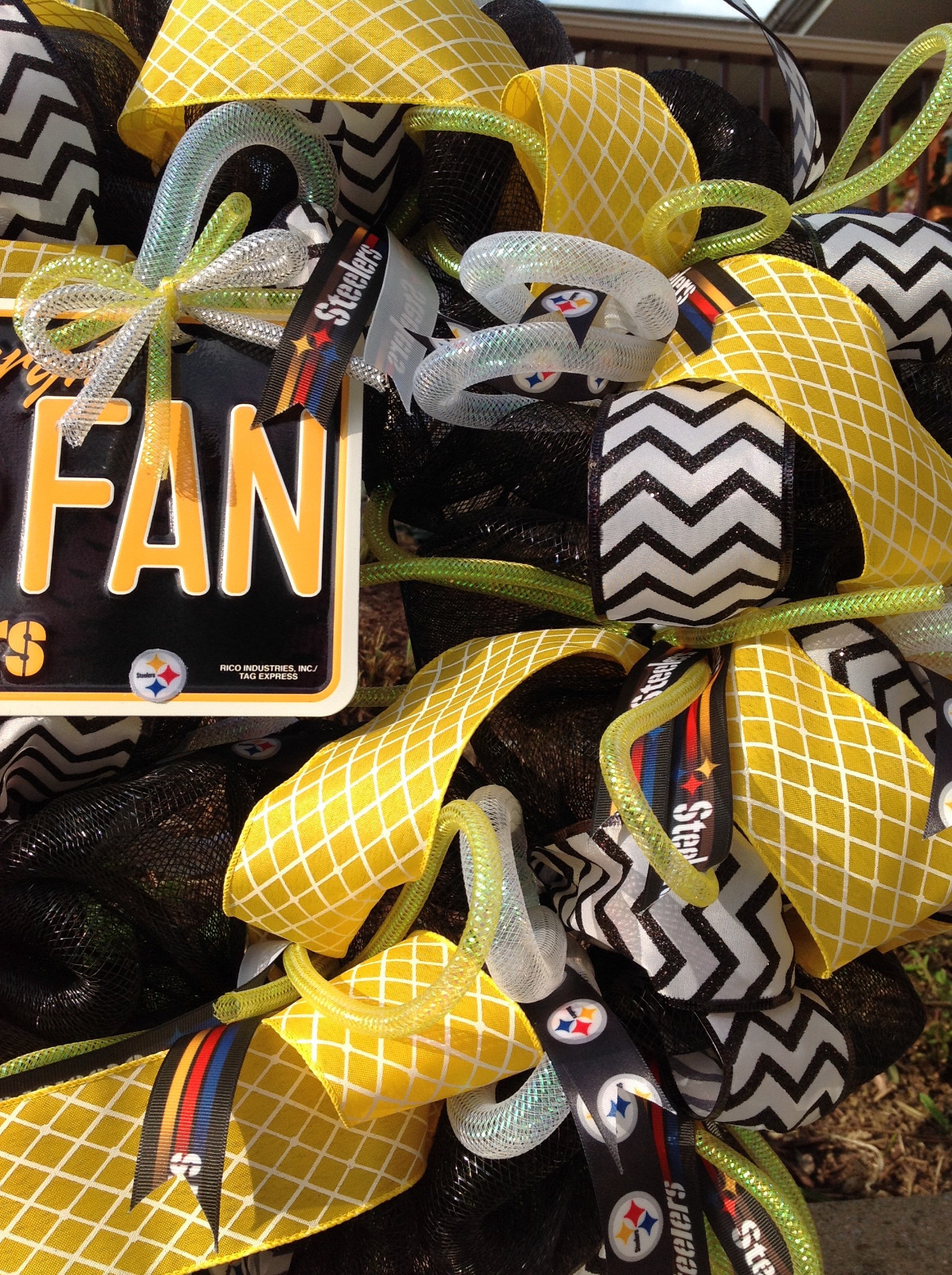 Handmade Pittsburgh Steeler black and yellow/gold football deco mesh wreath