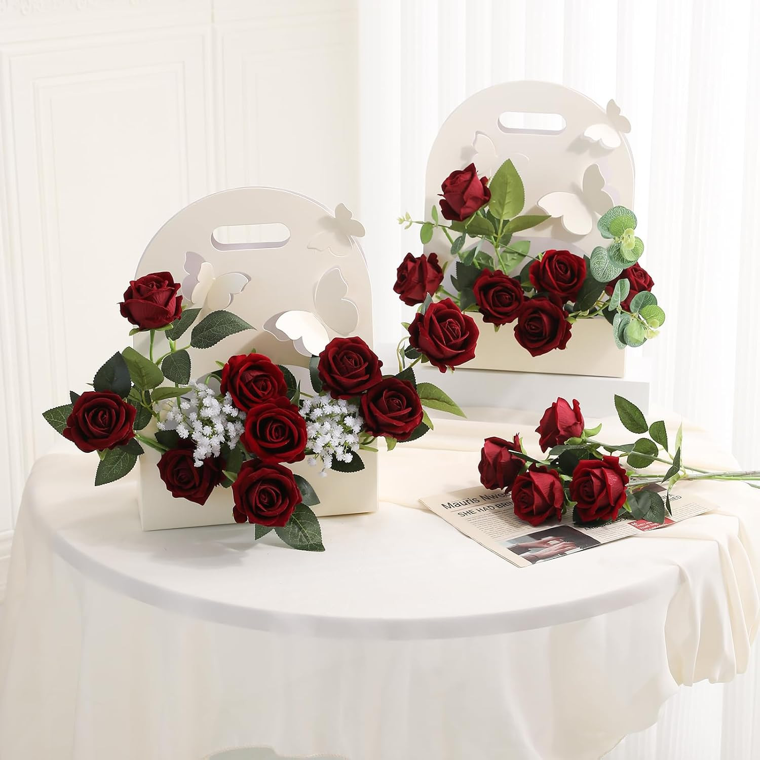 12PCS Artificial Flowers Fake Roses, Realistic Velvet Long Stem Red Roses Bouque