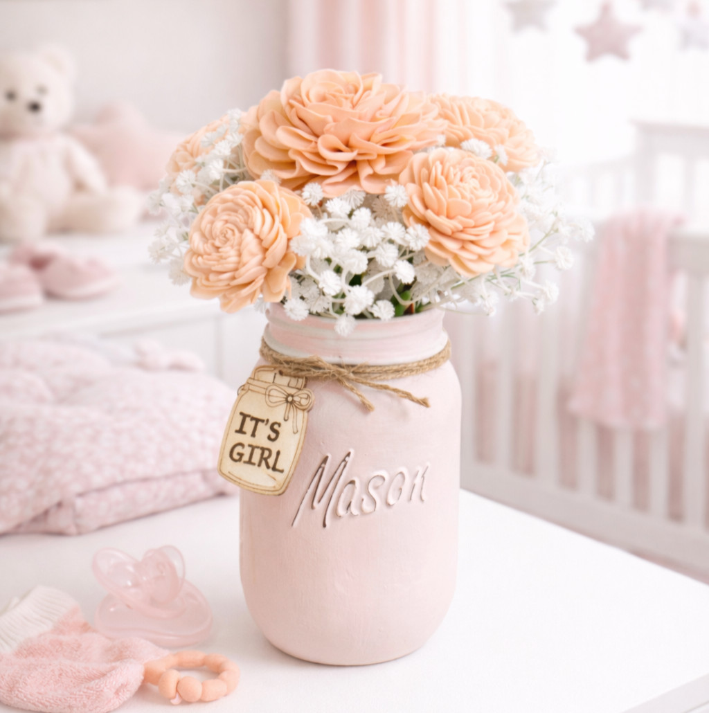 Pink Sola Wood Flowers Mason Jar Arrangement Baby Shower Centerpiece Home Decor