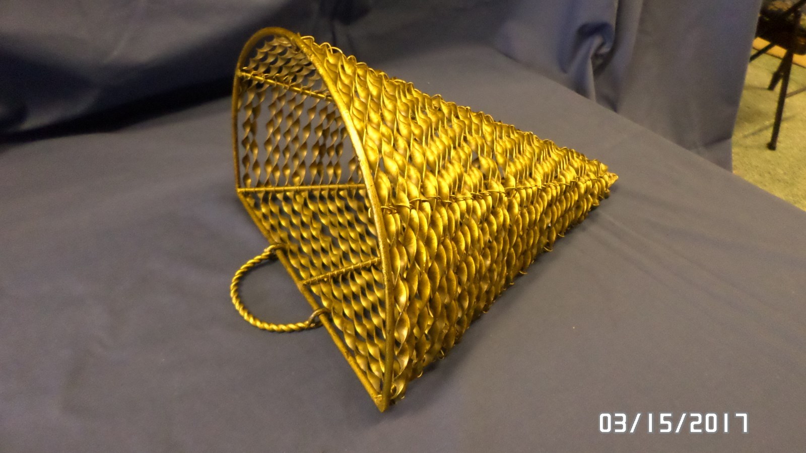 1849M Large Silk Flower Metal Hanging Basket Wall Hugger Cone Shaped Twist Brass